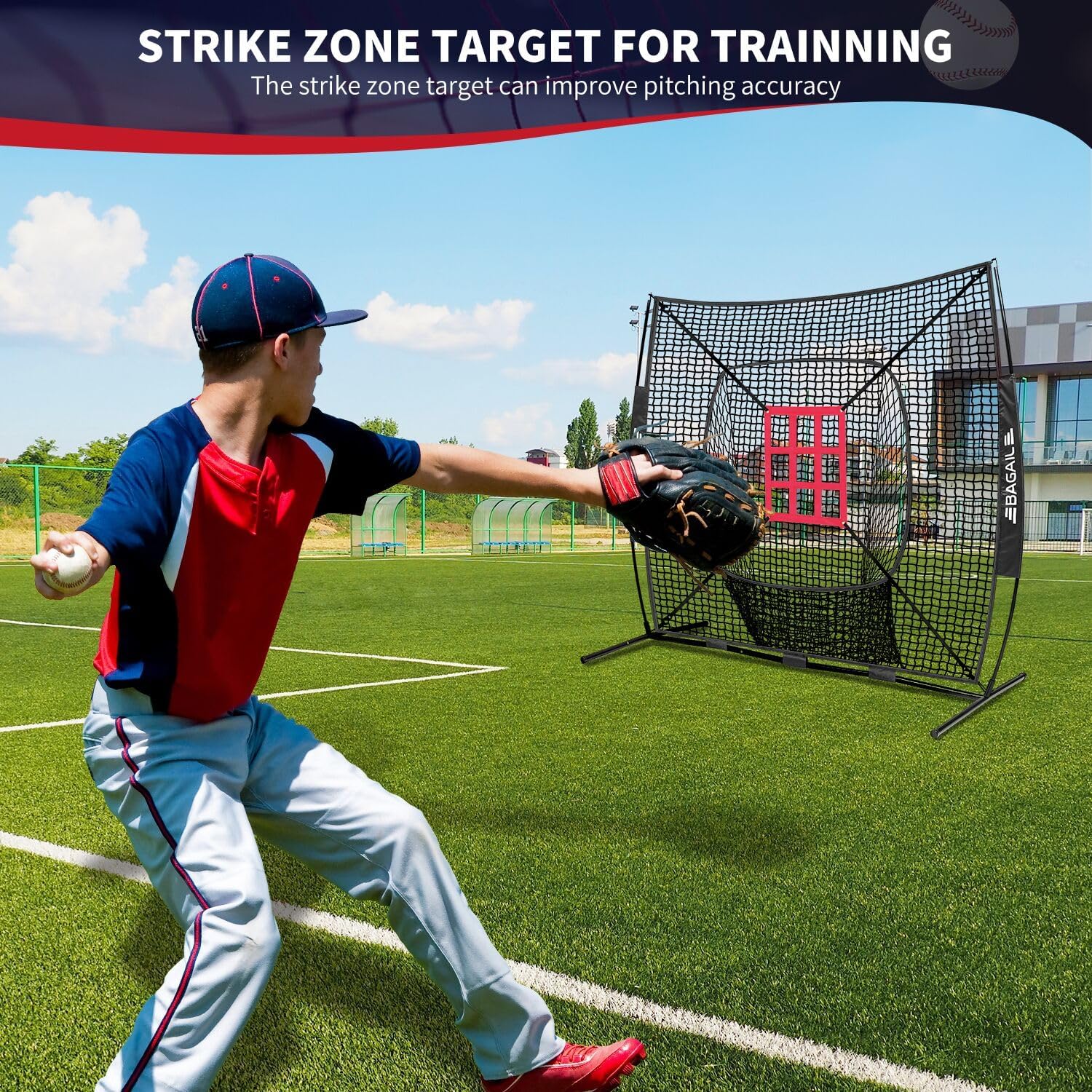 BAGAIL 7x7 ft Baseball & Softball Practice Net with Bow Frame for Batting, Hitting, Pitching, Portable Baseball Throwing Net with Strike Zone, Carry Bag, Baseball Training Aid for All Levels