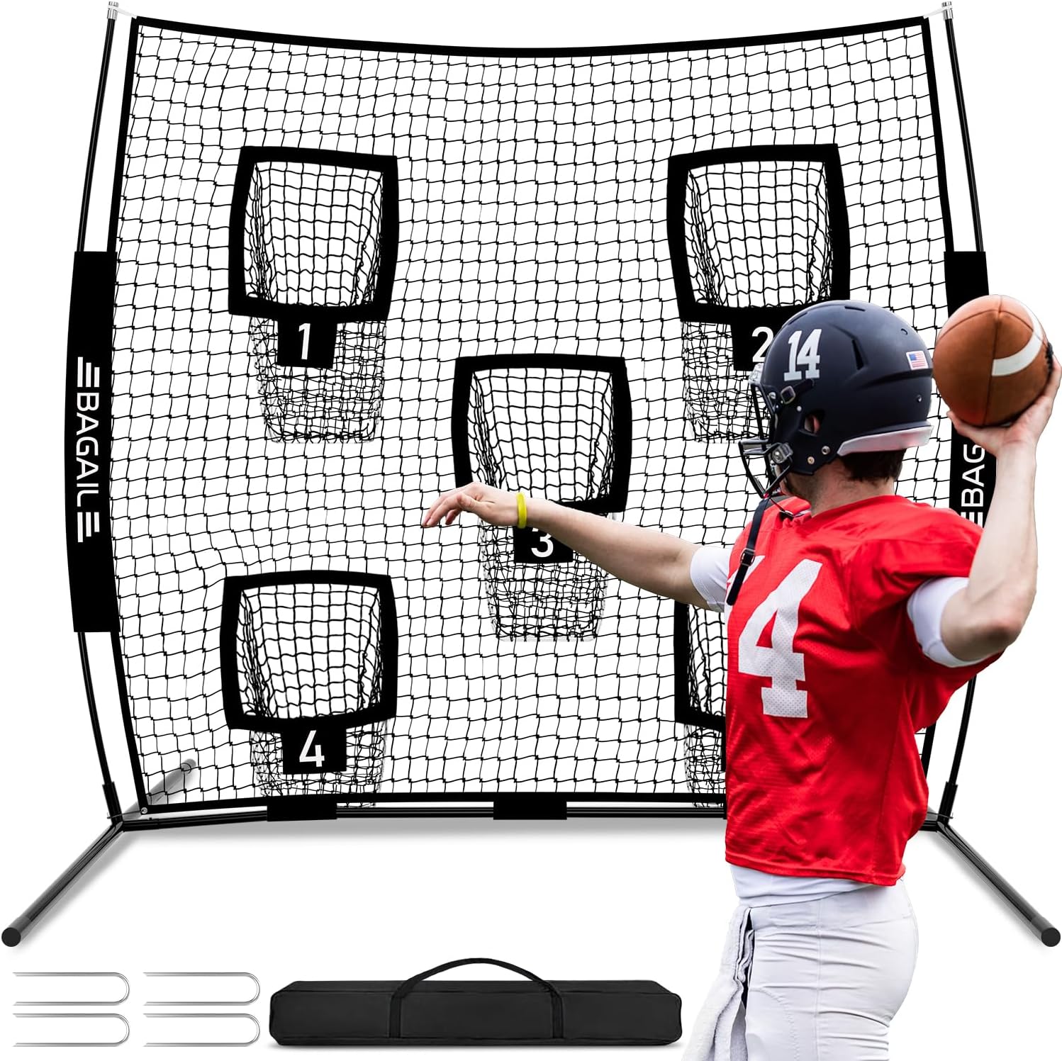 BAGAIL Football Throwing Net - 5 or 9 Target Pockets, Easy Setup, Heavy-Duty - Portable QB Accuracy Trainer, Fun Target Practice Net for Football with Carry Bag