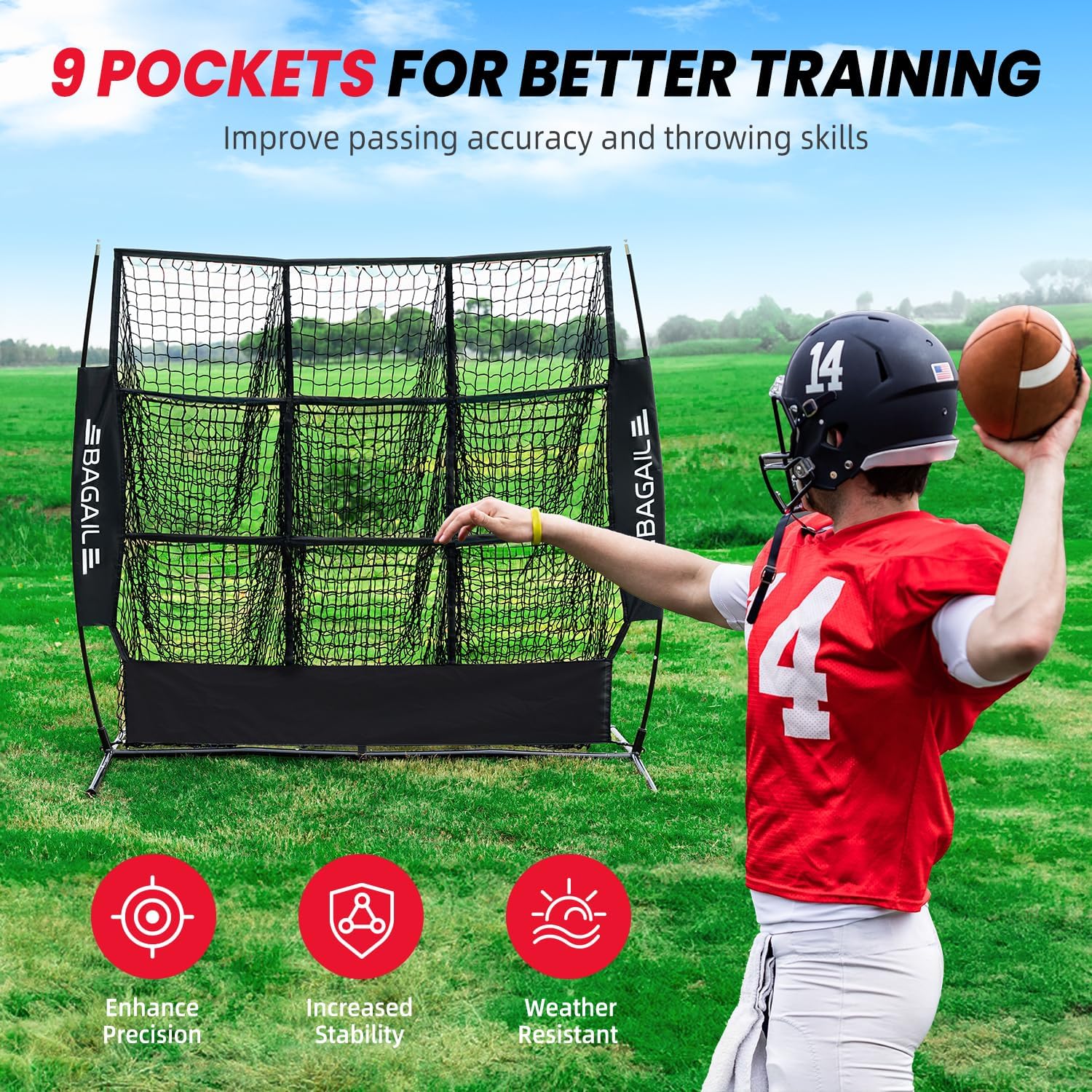 BAGAIL Football Throwing Net - 5 or 9 Target Pockets, Easy Setup, Heavy-Duty - Portable QB Accuracy Trainer, Fun Target Practice Net for Football with Carry Bag