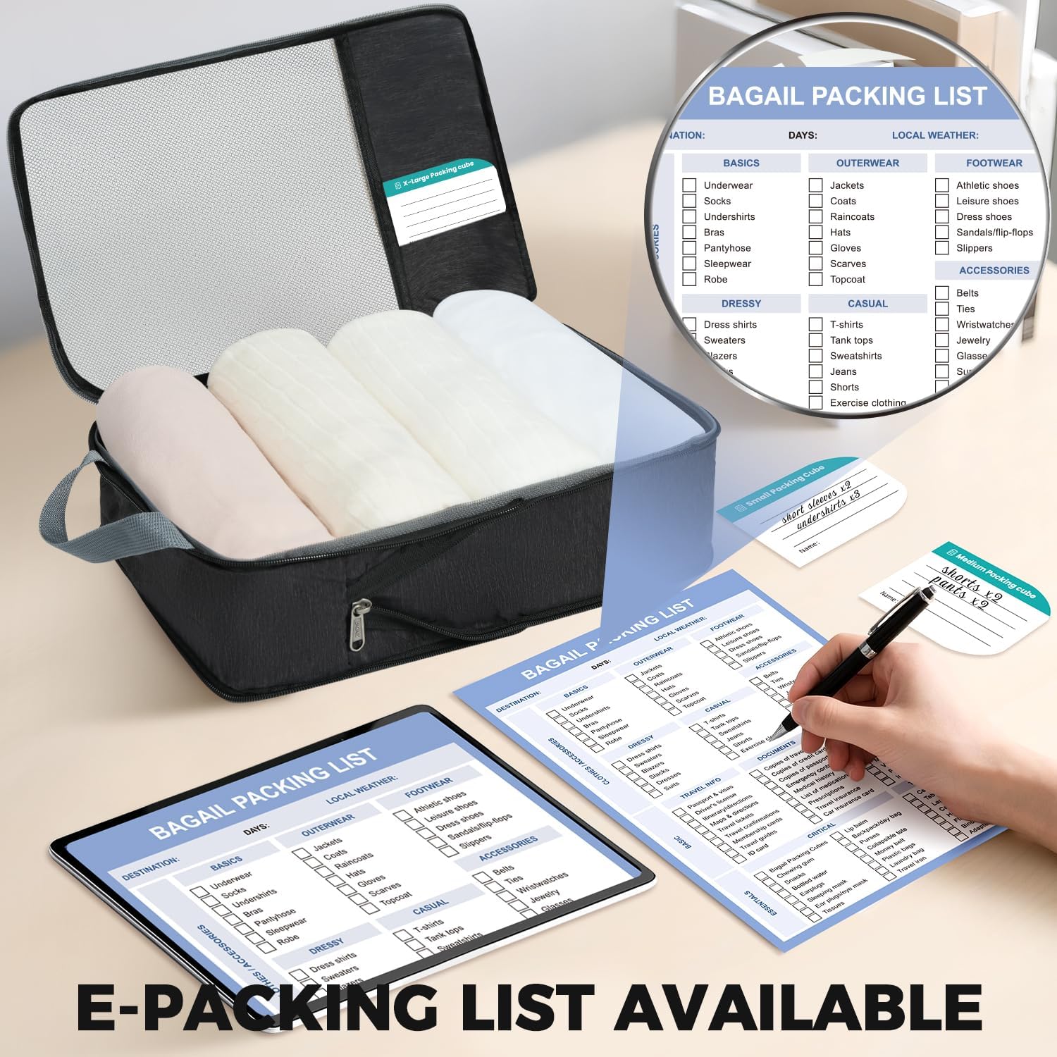 6 Set Label & Half Mesh Compression Packing Cubes with Packing List