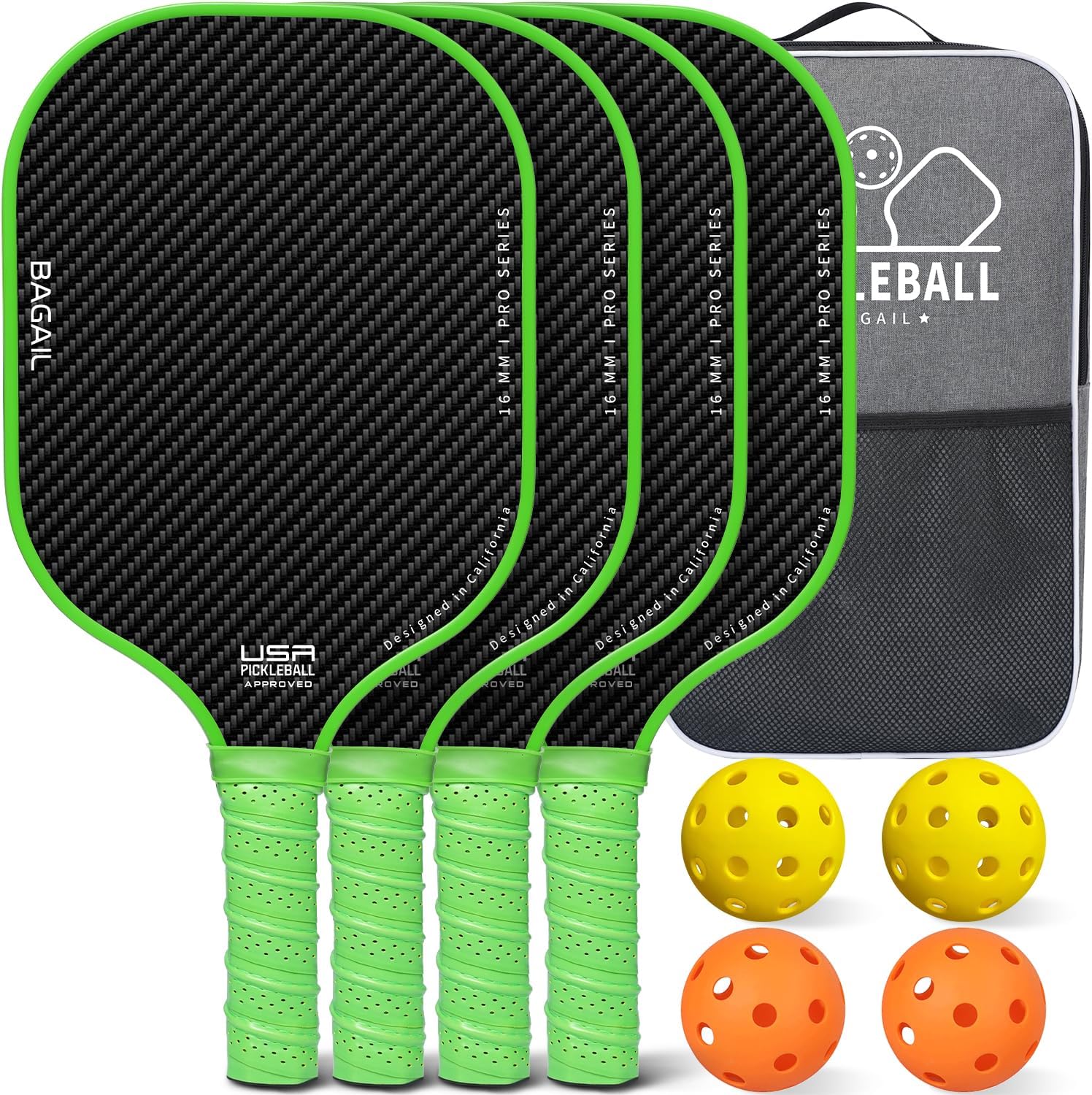 BAGAIL Pickleball Paddles, USAPA Approved Fiberglass Surface Pickleball Set, Lightweight Pickle Ball Rackets with 4 Balls, 1 Bag, Designed in California for Traction and Stability