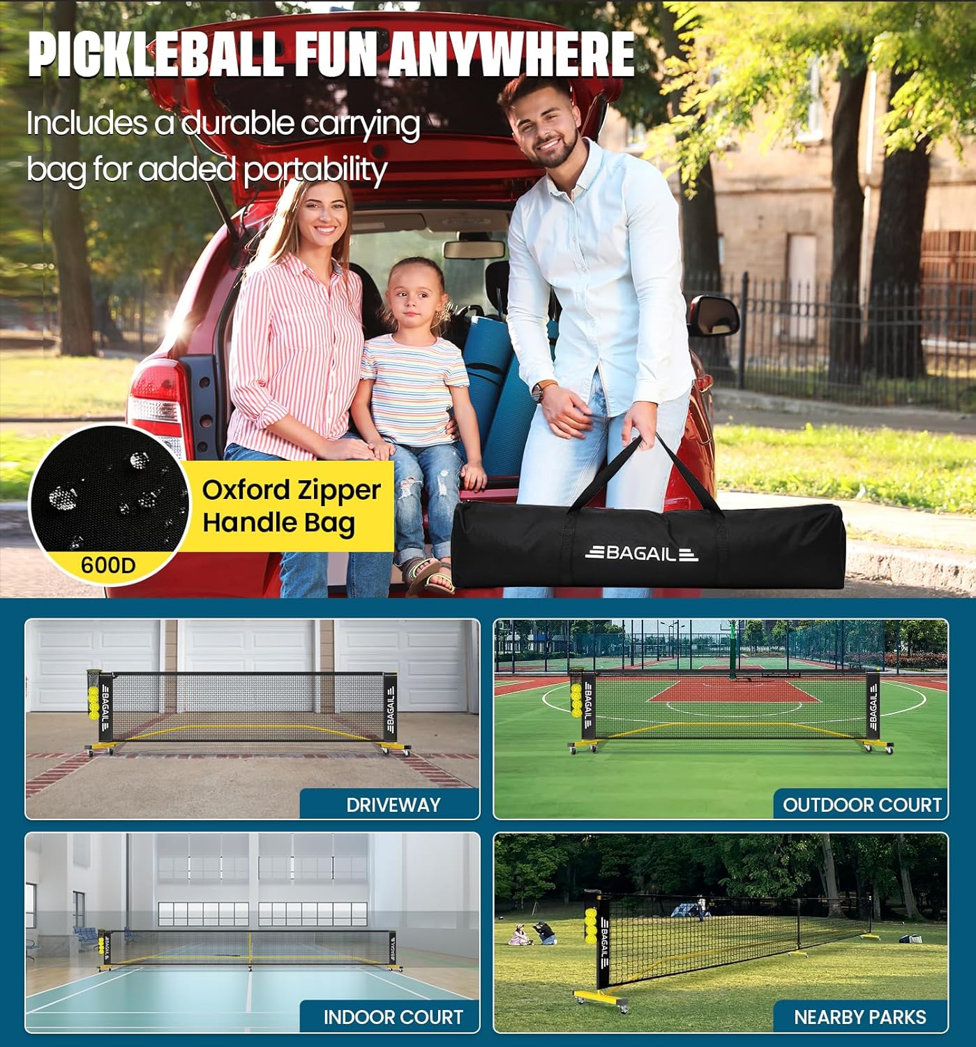 BAGAIL Portable Pickleball Net Set, 22 FT Regulation Size Pickle Ball Net with Ball Collector, 4 Balls and Carry Bag, Easy Setup for Outdoor Indoor Driveway