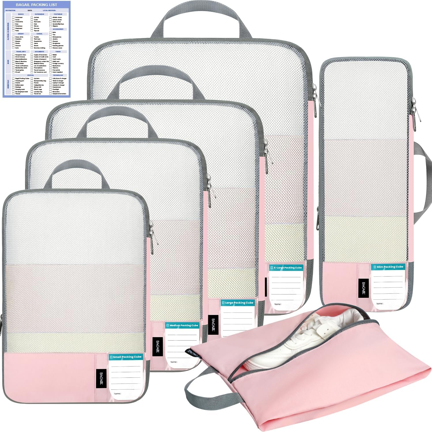 6 Set Label & Half Mesh Compression Packing Cubes with Packing List