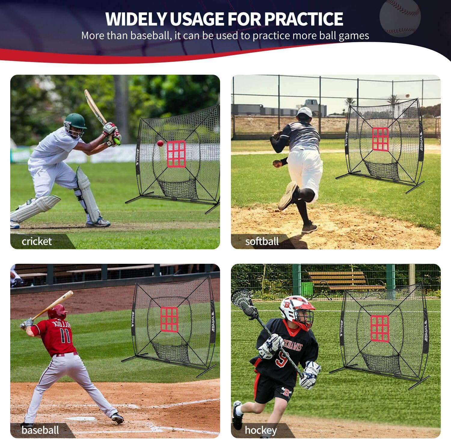 BAGAIL 7x7 ft Baseball & Softball Practice Net with Bow Frame for Batting, Hitting, Pitching, Portable Baseball Throwing Net with Strike Zone, Carry Bag, Baseball Training Aid for All Levels