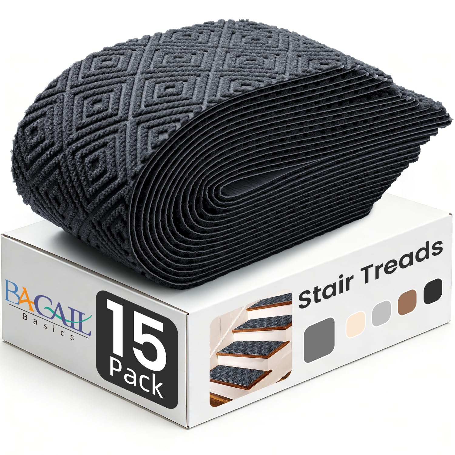 BAGAIL 15 Pack Non-Slip Stair Treads for Wooden Steps - 8"x30" Peel and Stick Carpet Stair Runners, Reusable Indoor Step Covers for Dogs, Kids & Elderly, No-Residue Adhesive, Light Gray