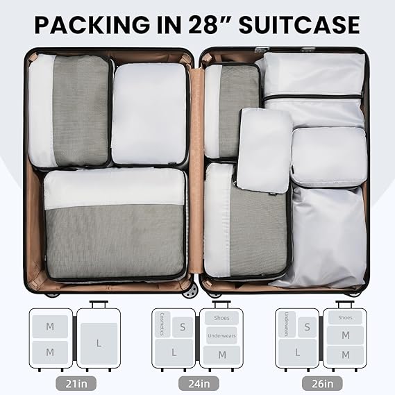 Half Mesh 8 Set Packing Cubes Luggage Packing Organizers for Travel Accessories