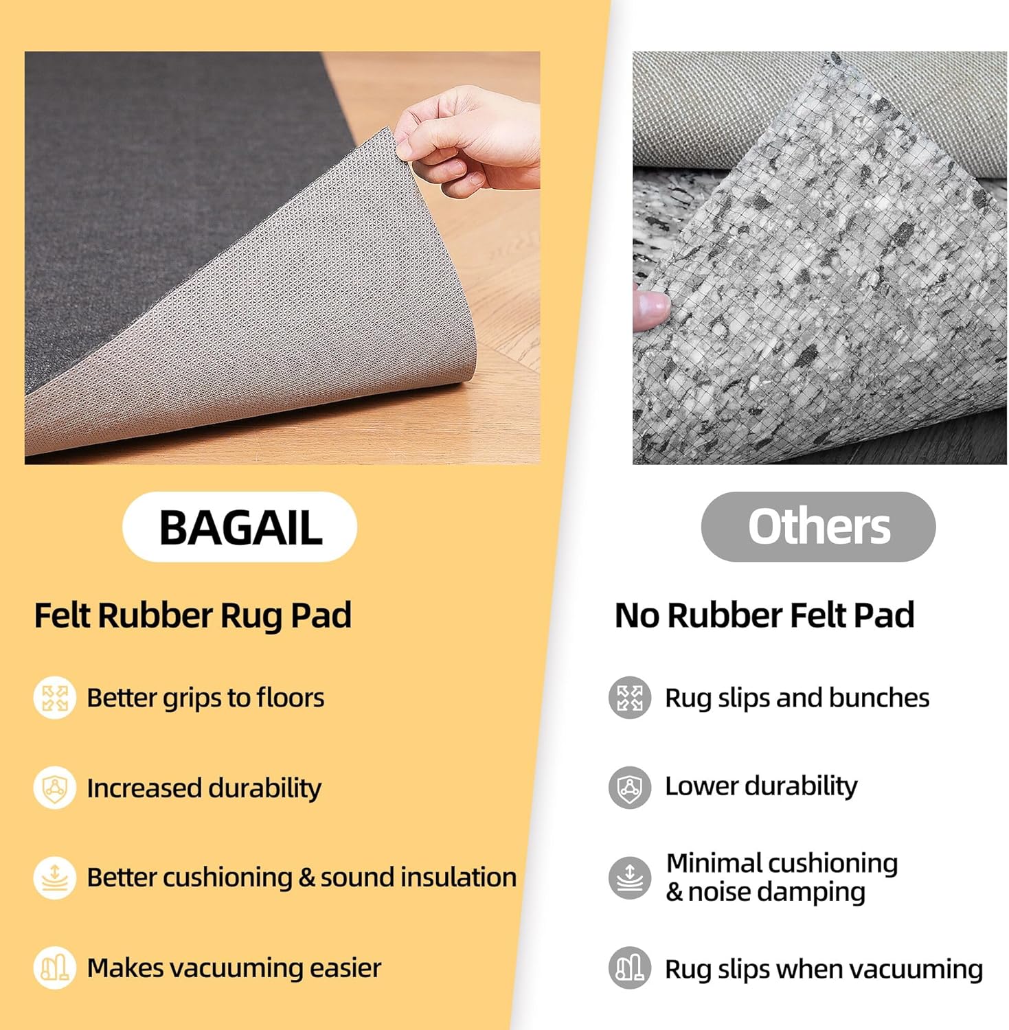 BAGAIL Felt and Natural Rubber Backing Rug Pads, Non Slip Carpet Gripper Keep Rugs in Place, Under Area Rug Protective Cushioned Pads, Carpet Runners, Hardwood Floors Protection