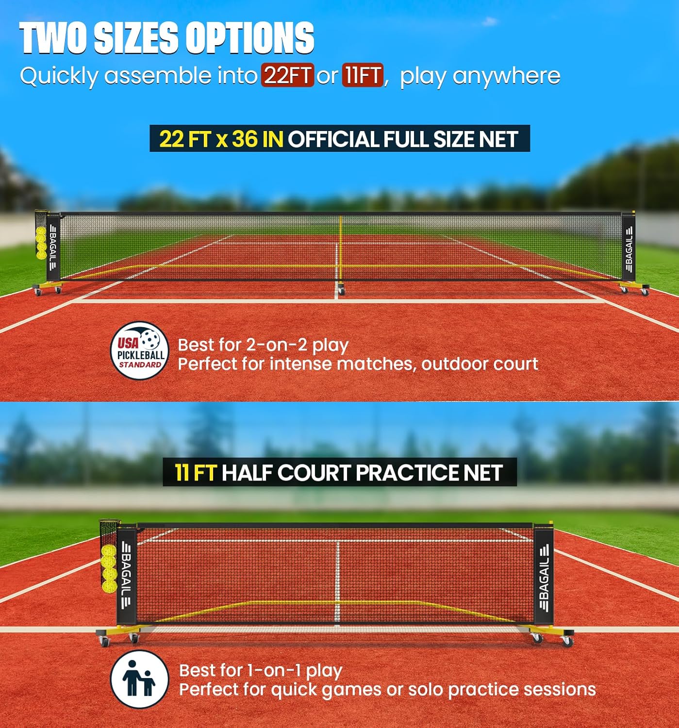 BAGAIL Portable Pickleball Net Set, 22 FT Regulation Size Pickle Ball Net with Ball Collector, 4 Balls and Carry Bag, Easy Setup for Outdoor Indoor Driveway
