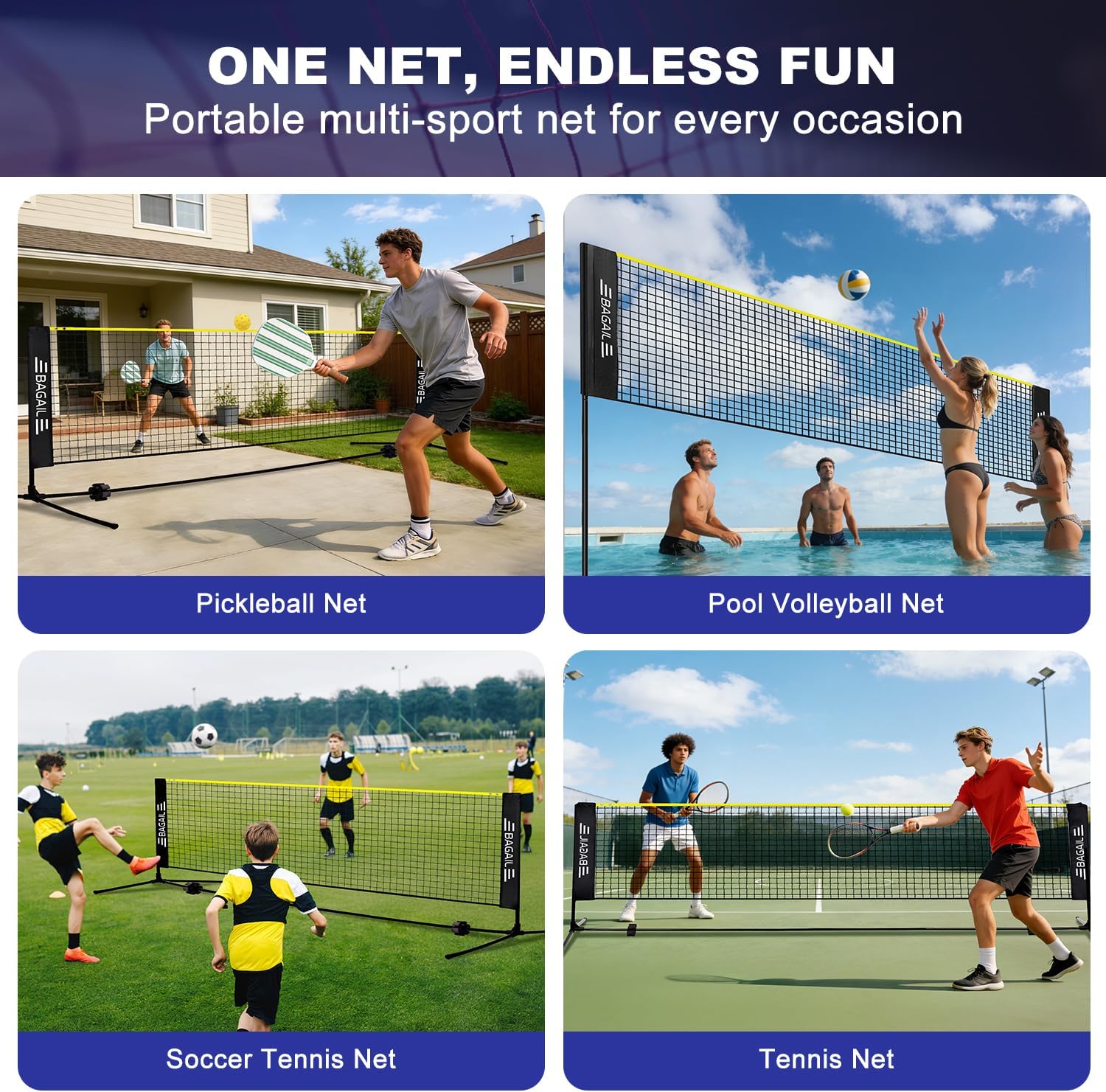 BAGAIL Badminton Net, Height Adjustable Kids Volleyball Net, Foldable Nylon Net 10 ft/14ft/17ft Wide, Tennis Net, Small Pickleball Net for Backyard Game and Indoor Outdoor Use, Easy Setup