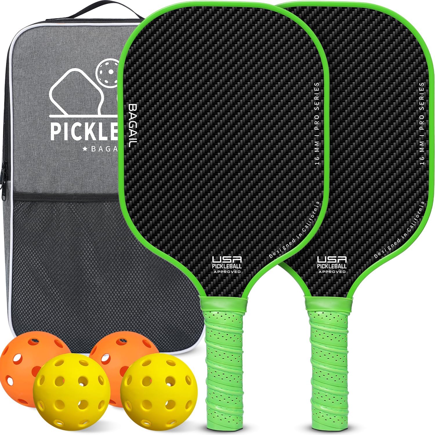 BAGAIL Pickleball Paddles, USAPA Approved Fiberglass Surface Pickleball Set, Lightweight Pickle Ball Rackets with 4 Balls, 1 Bag, Designed in California for Traction and Stability