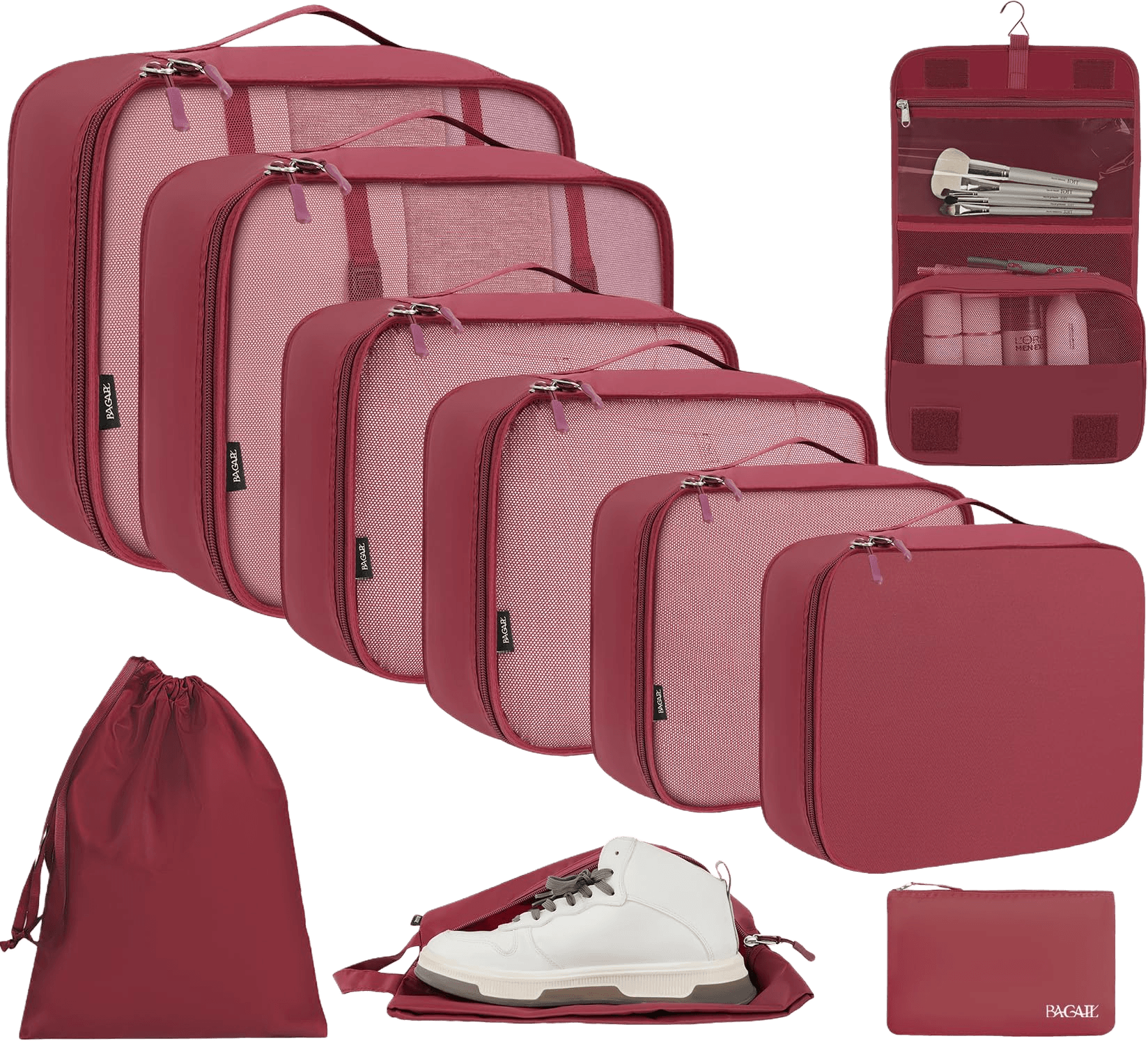 10 Set Mesh Packing Cubes Various Sizes with Laundry Bag & Makeup Bag &Zipper pouch 