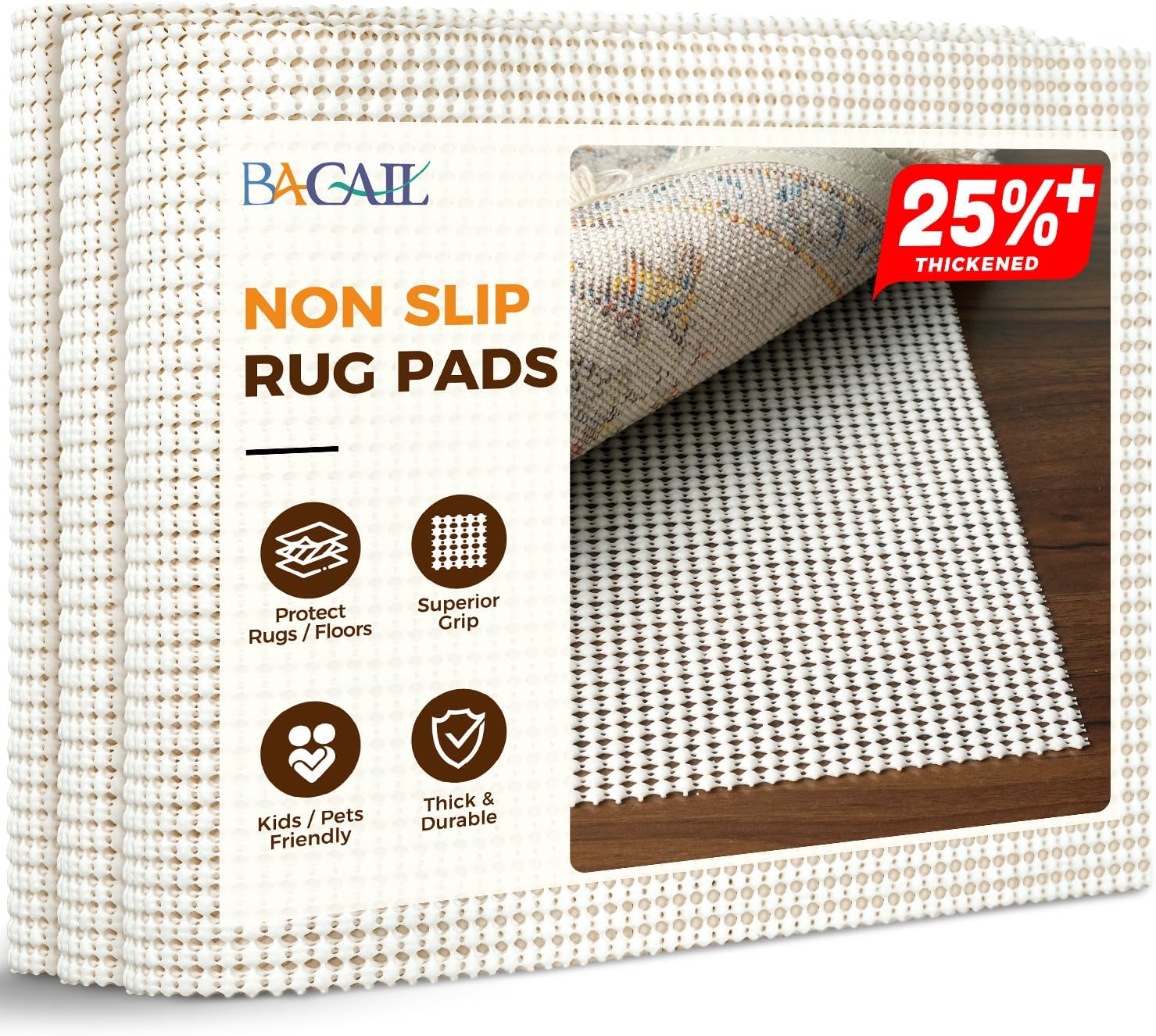 BAGAIL BASICS Rug Pad Gripper for Hardwood Floors, Non Slip Rug Pads for Area Rugs, Extra Thick Under Rug Padding, Protect Your Rugs & Floors