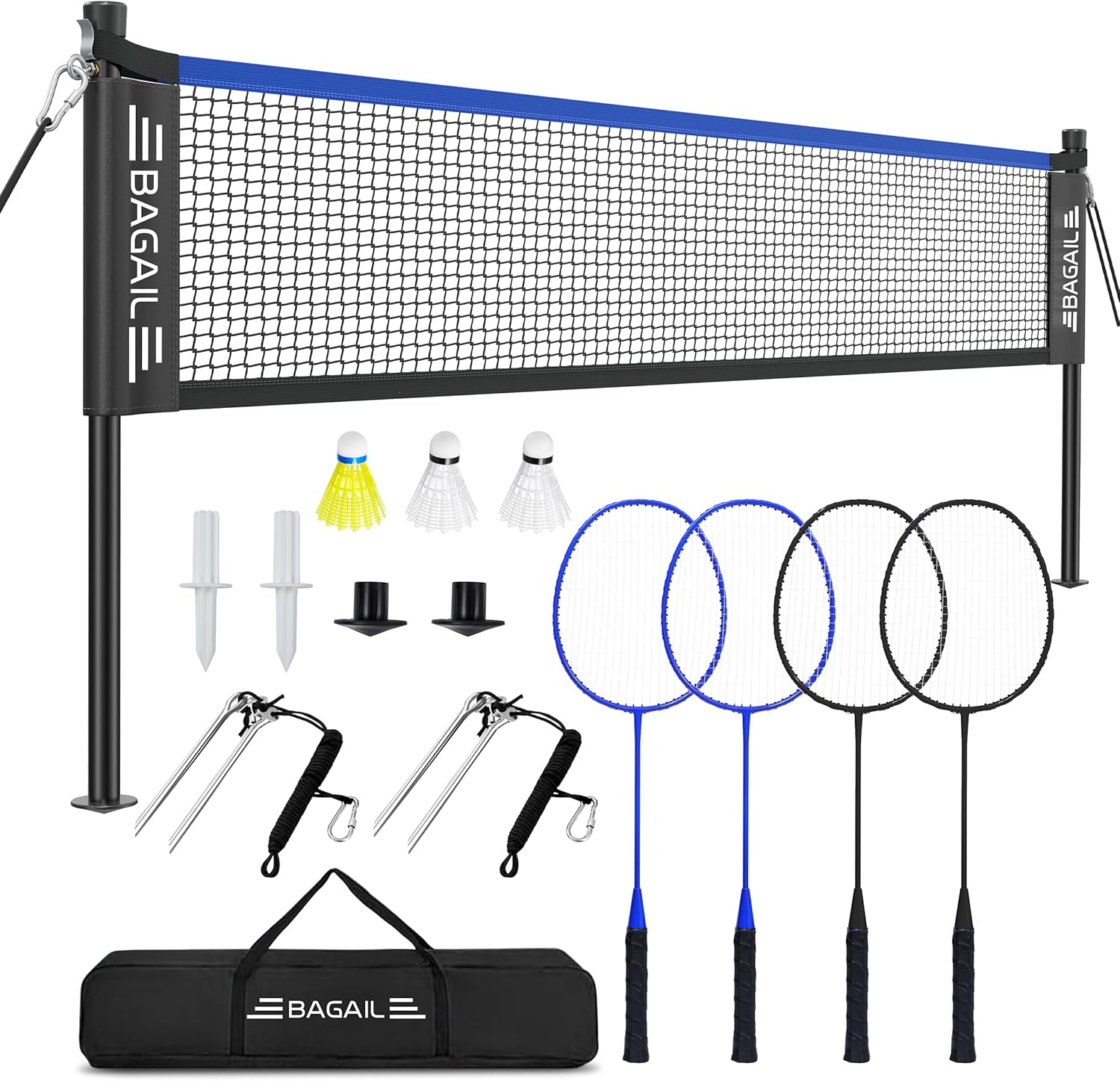 BAGAIL Outdoor Badminton Net Set with Anti-Sag Winch System - Official Size 20ft x 5ft, 4 Rackets, 3 Shuttlecocks, Durable PE Net & Carry Bag for Backyard, Beach, Family Games
