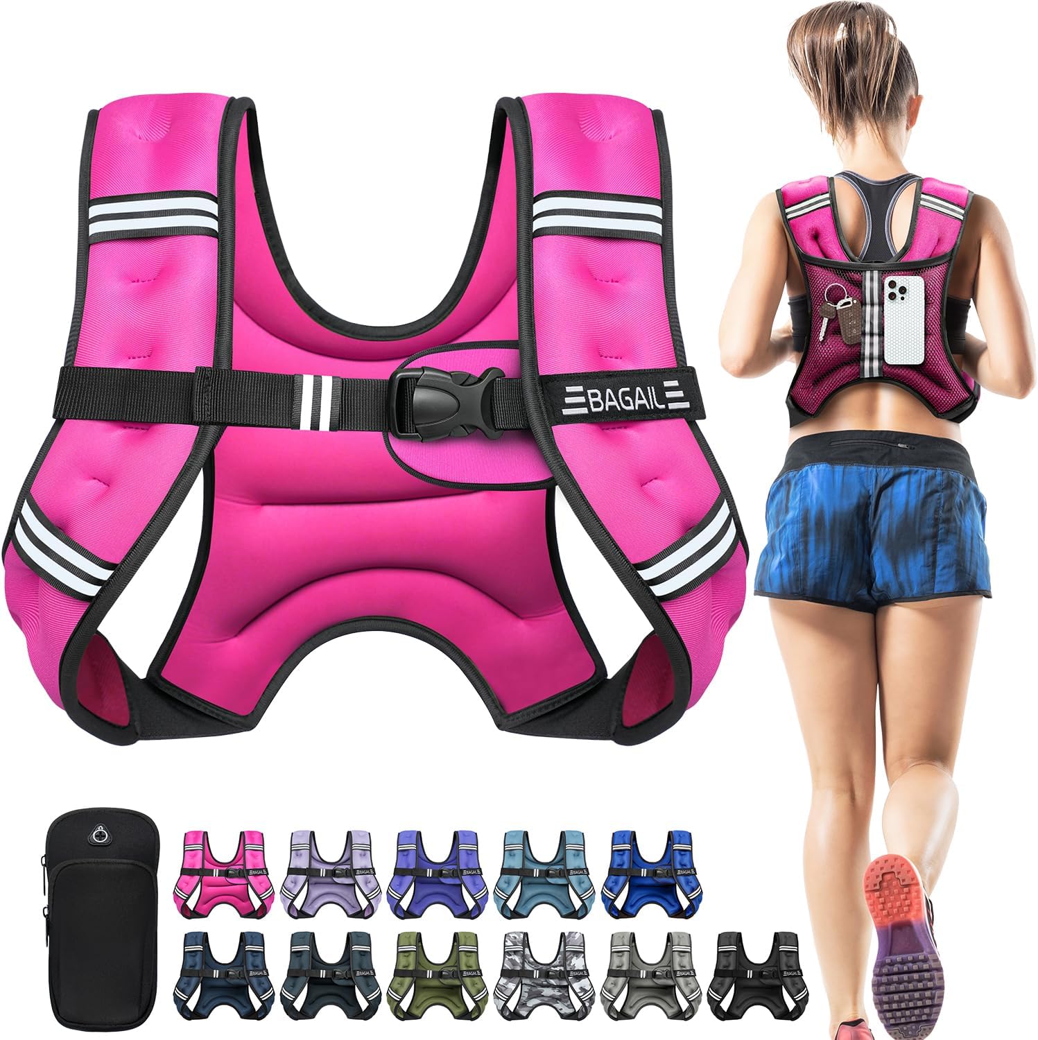 BAGAIL Comfort-Fit Weighted Vest for Woman, Even Weight Distribution, Faster Weight Loss, No-Chafe or Bounce for Walking & Running with Detachable Phone Pouch & Reflective Stripes (Available 5-30lbs)