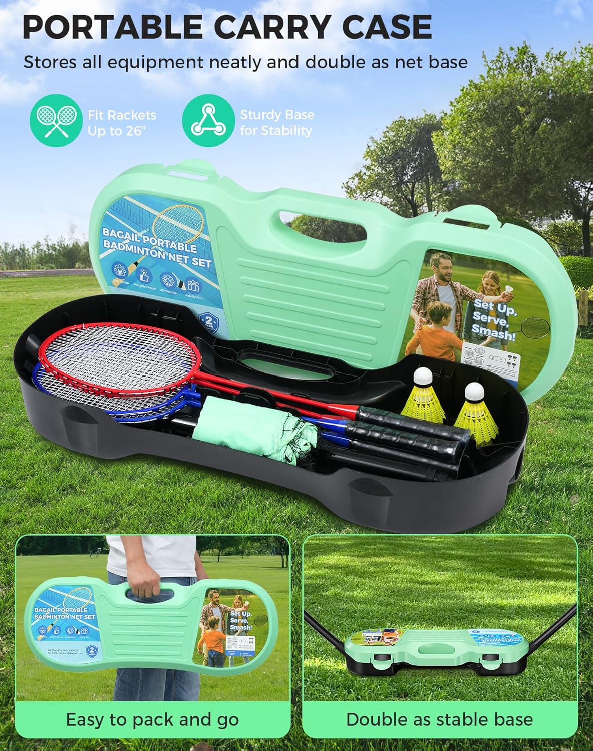 BAGAIL Portable Badminton Net Set, Pop-Up Net with Carry Case, Complete 4 Racket Set for Backyard, Park & Beach Games, Quick Setup Indoor Outdoor Sports Equipment for Backyard Fun