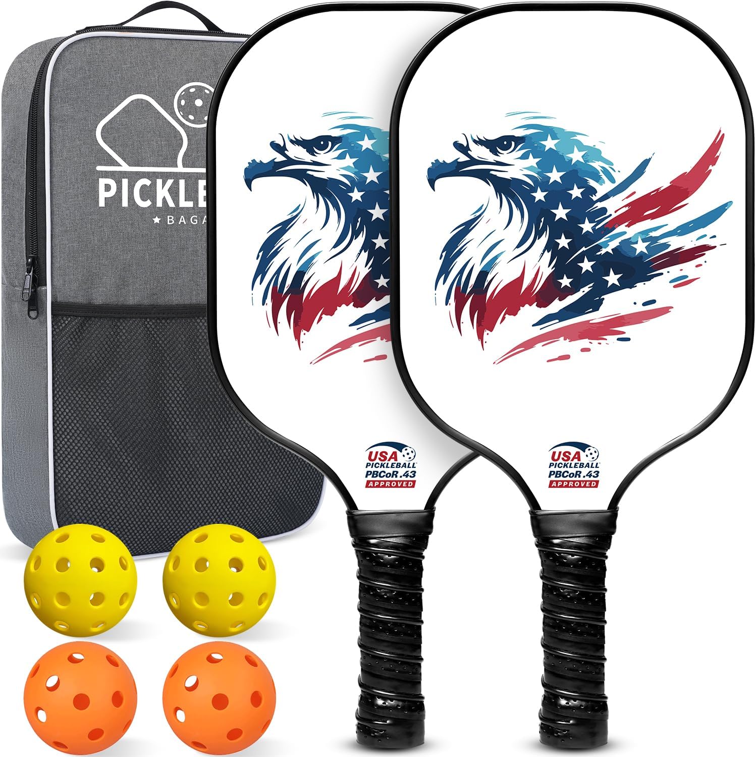 BAGAIL Pickleball Paddles, USAPA Approved Fiberglass Surface Pickleball Set, Lightweight Pickle Ball Rackets with 4 Balls, 1 Bag, Designed in California for Traction and Stability