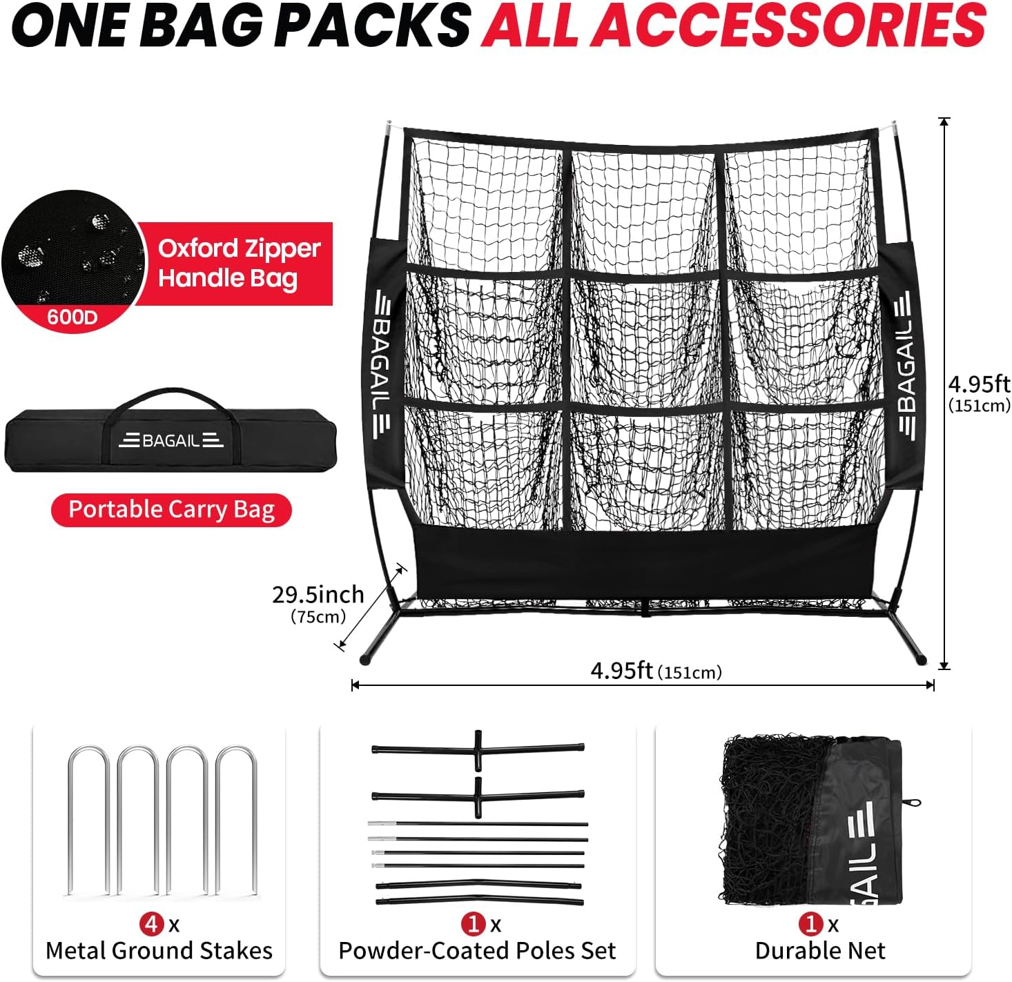 BAGAIL Football Throwing Net - 5 or 9 Target Pockets, Easy Setup, Heavy-Duty - Portable QB Accuracy Trainer, Fun Target Practice Net for Football with Carry Bag