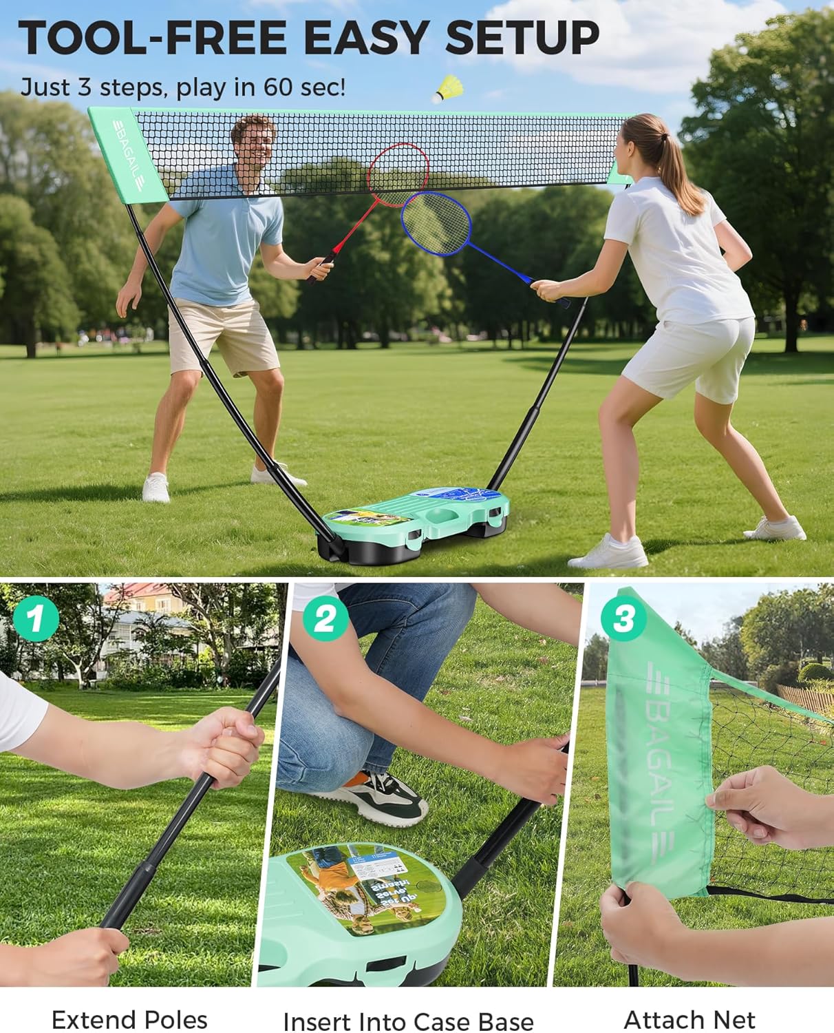 BAGAIL Portable Badminton Net Set, Pop-Up Net with Carry Case, Complete 4 Racket Set for Backyard, Park & Beach Games, Quick Setup Indoor Outdoor Sports Equipment for Backyard Fun