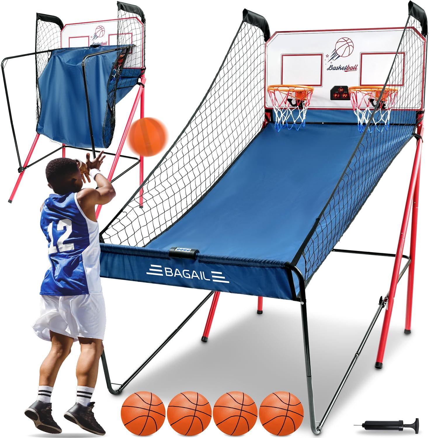 Basketball Shooting Game with 8 Game Modes, Arcade Sounds, Foldable Frame, 4 Balls, Inflation Pump, Ideal Indoor Sport Games for All Players