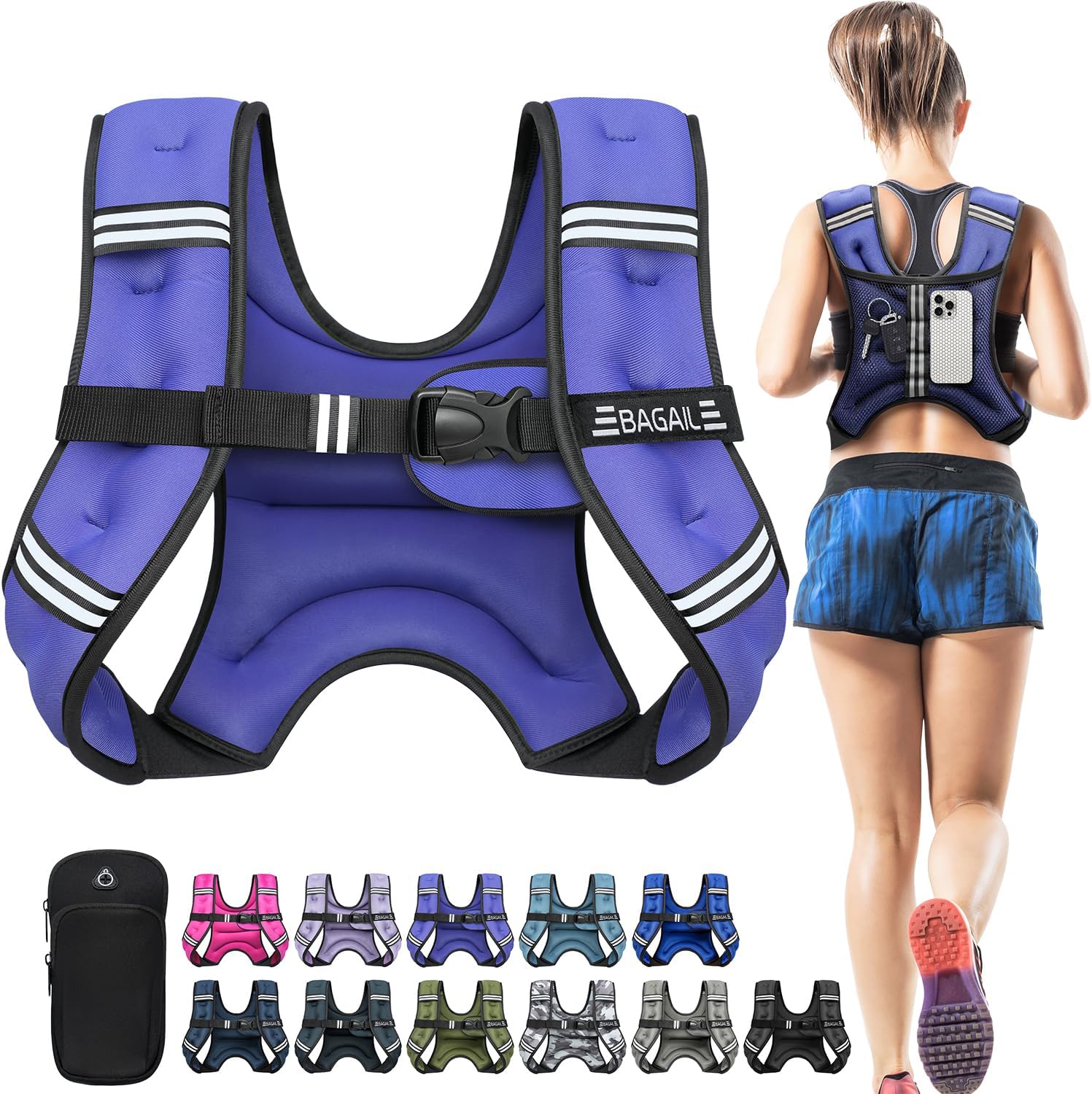 BAGAIL Comfort-Fit Weighted Vest for Woman, Even Weight Distribution, Faster Weight Loss, No-Chafe or Bounce for Walking & Running with Detachable Phone Pouch & Reflective Stripes (Available 5-30lbs)