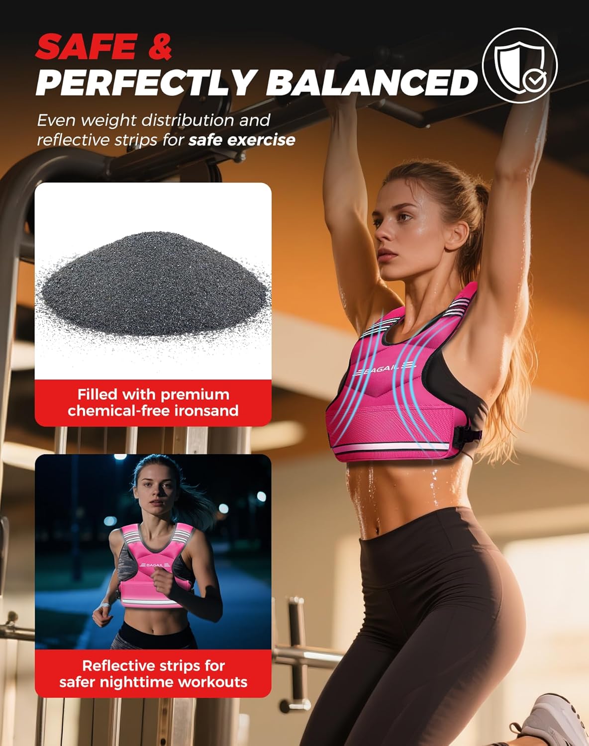 BAGAIL Adjustable Weighted Vest 4-10lb/12-18lb/20-32lb, Comfortable X-Shape & U-Neck Weight Vest for Women and Men Walking with 6 Removable Weights, Large Pocket and Reflective Strips