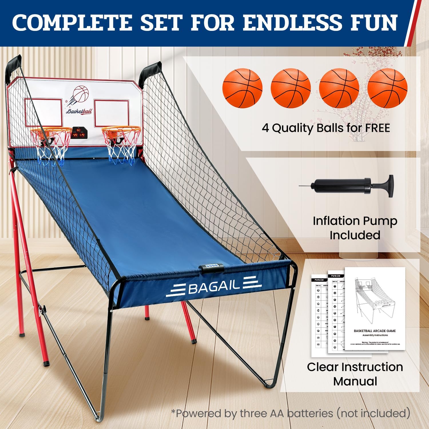 Basketball Shooting Game with 8 Game Modes, Arcade Sounds, Foldable Frame, 4 Balls, Inflation Pump, Ideal Indoor Sport Games for All Players