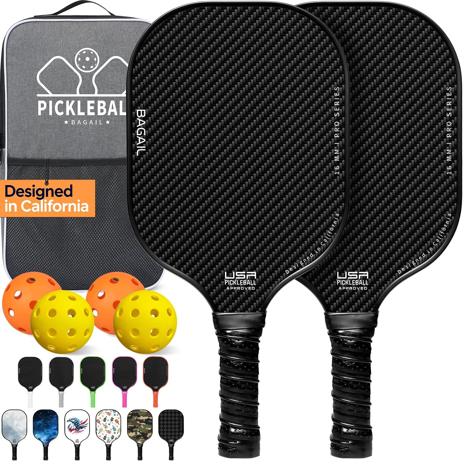 BAGAIL Pickleball Paddles, USAPA Approved Fiberglass Surface Pickleball Set, Lightweight Pickle Ball Rackets with 4 Balls, 1 Bag, Designed in California for Traction and Stability