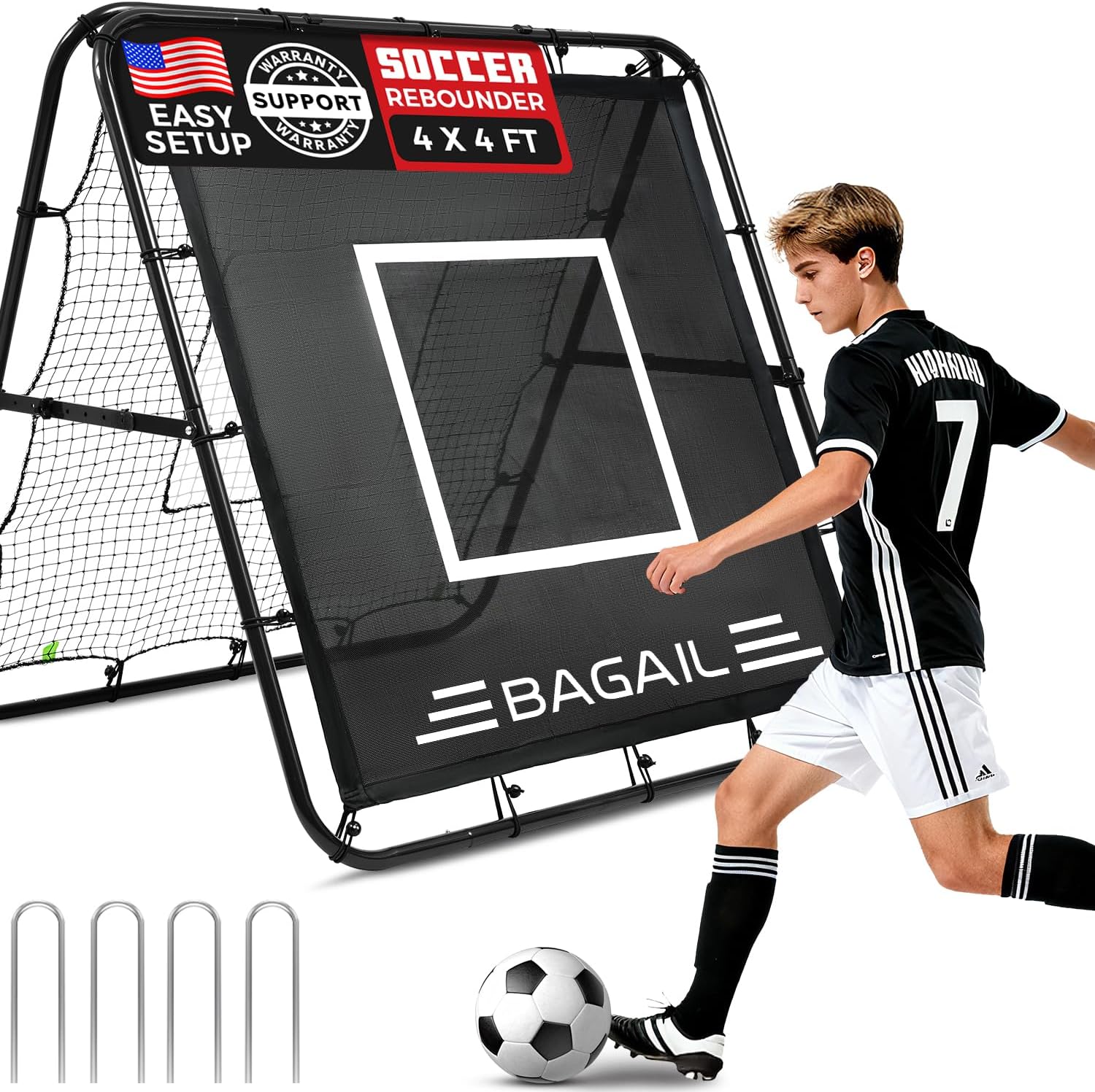 BAGAIL Soccer Rebounder Net, 4 x 4 Ft Pitch Back Baseball Softball Rebounder, Angle Adjustable Rebound Net for Control, Passing Practice, Easy Setup Bounce Back Net Gifts for Training