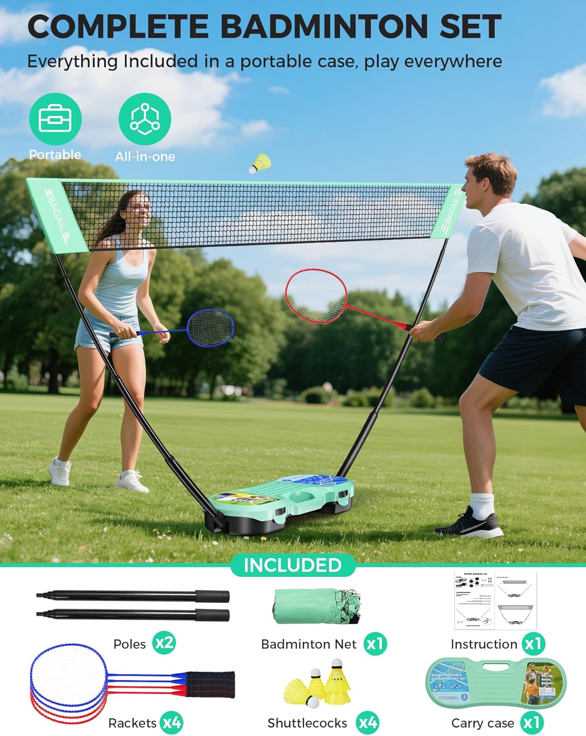 BAGAIL Portable Badminton Net Set, Pop-Up Net with Carry Case, Complete 4 Racket Set for Backyard, Park & Beach Games, Quick Setup Indoor Outdoor Sports Equipment for Backyard Fun