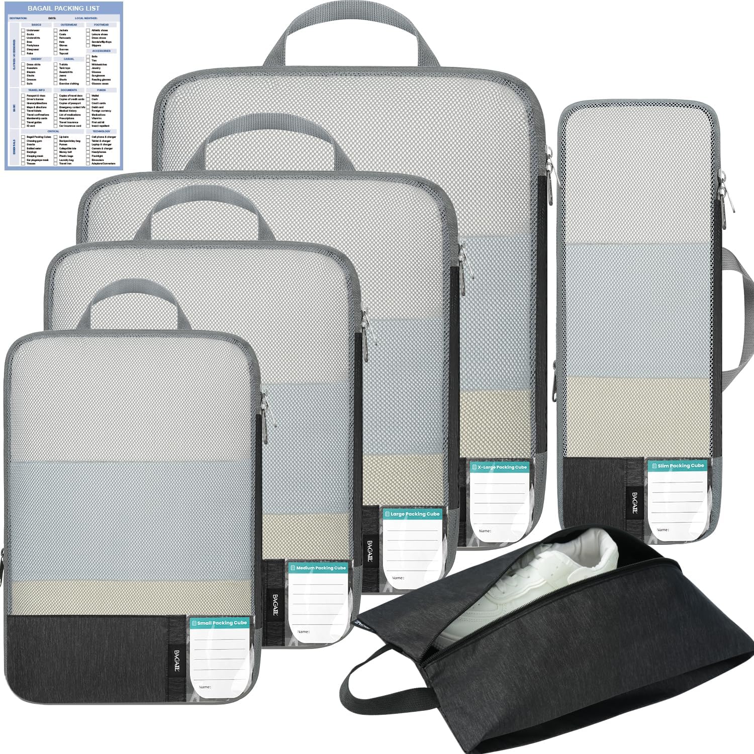 6 Set Label & Half Mesh Compression Packing Cubes with Packing List