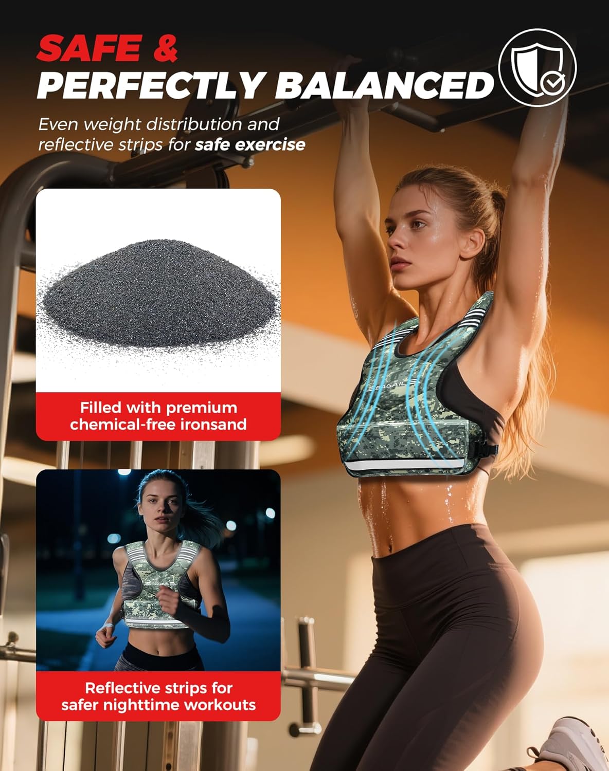 BAGAIL Adjustable Weighted Vest 4-10lb/12-18lb/20-32lb, Comfortable X-Shape & U-Neck Weight Vest for Women and Men Walking with 6 Removable Weights, Large Pocket and Reflective Strips