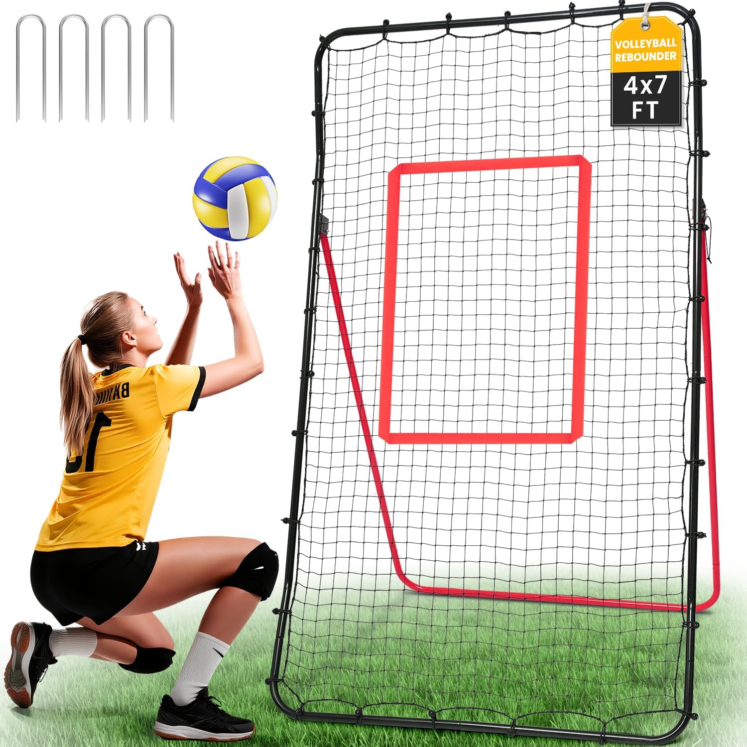 BAGAIL Volleyball Rebounder Net 7x4 Ft, Bounce Back Training Equipment with Adjustable Angles for Practicing Volleying, Bumping, Spiking, Easy Set Up & Sturdy Base for Multi Sports