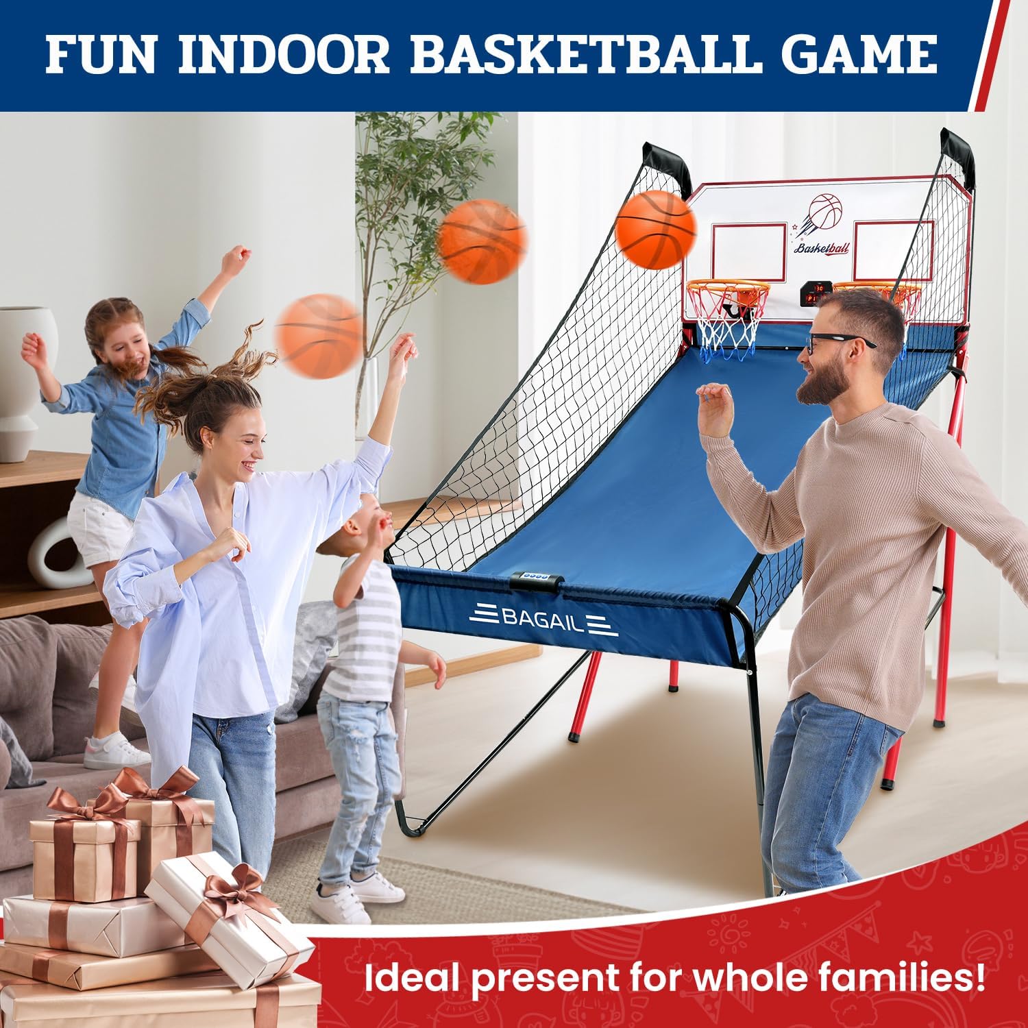 Basketball Shooting Game with 8 Game Modes, Arcade Sounds, Foldable Frame, 4 Balls, Inflation Pump, Ideal Indoor Sport Games for All Players