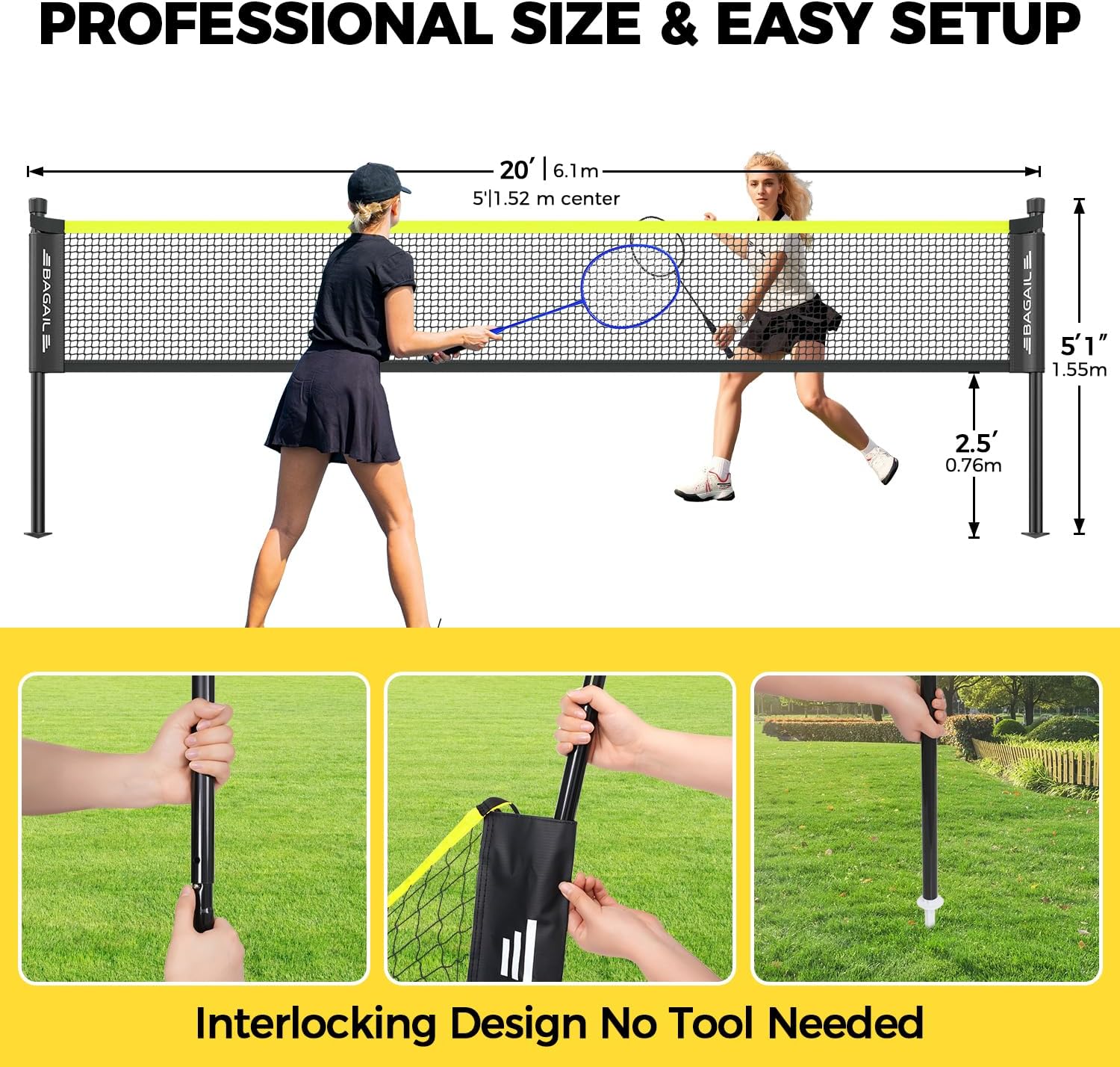 BAGAIL Outdoor Badminton Net Set with Anti-Sag Winch System - Official Size 20ft x 5ft, 4 Rackets, 3 Shuttlecocks, Durable PE Net & Carry Bag for Backyard, Beach, Family Games