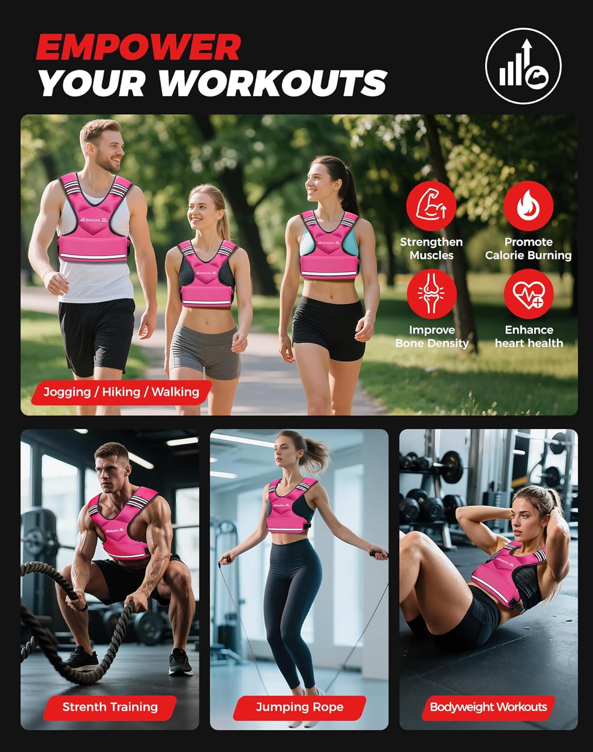 BAGAIL Adjustable Weighted Vest 4-10lb/12-18lb/20-32lb, Comfortable X-Shape & U-Neck Weight Vest for Women and Men Walking with 6 Removable Weights, Large Pocket and Reflective Strips