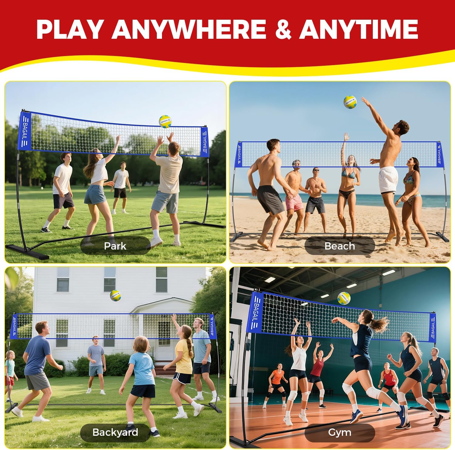 BAGAIL Volleyball Net, 12ft/20ft Portable Volleyball Net for Backyard - Adjustable Height, Heavy-Duty Frame, Freestanding Design - Portable Outdoor/Indoor Volleyball Set with Carry Bag