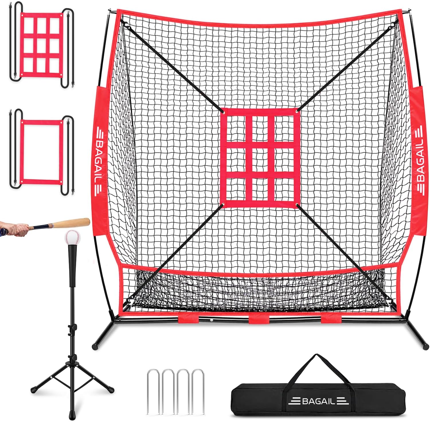 BAGAIL 7x7 ft Extra Large Baseball & Softball Training Net with Batting Tee, Heavy Duty Reinforced Steel Frame, Oversized Hitting Zone for All Levels, Portable Backstop with Carry Bag