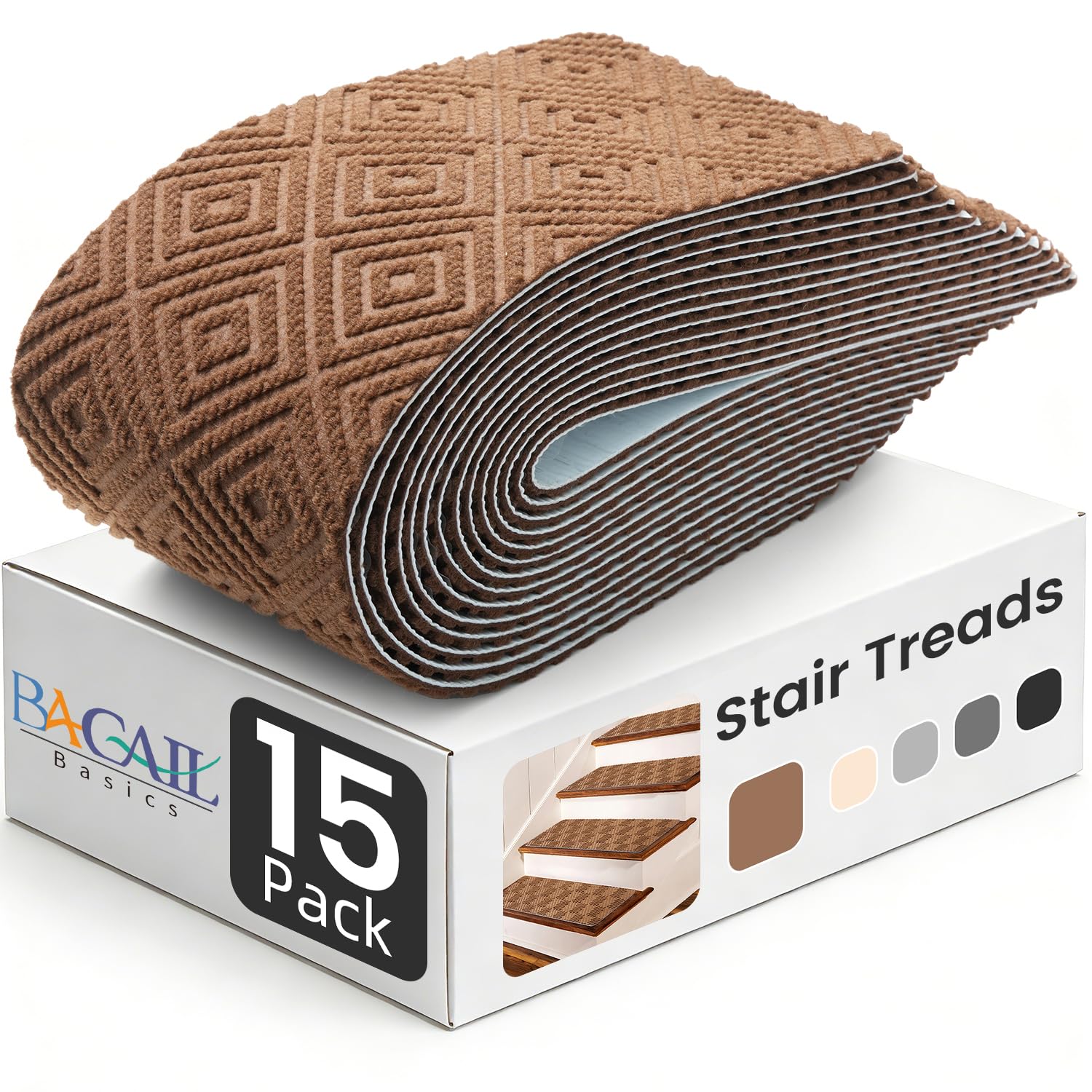 BAGAIL 15 Pack Non-Slip Stair Treads for Wooden Steps - 8"x30" Peel and Stick Carpet Stair Runners, Reusable Indoor Step Covers for Dogs, Kids & Elderly, No-Residue Adhesive, Light Gray