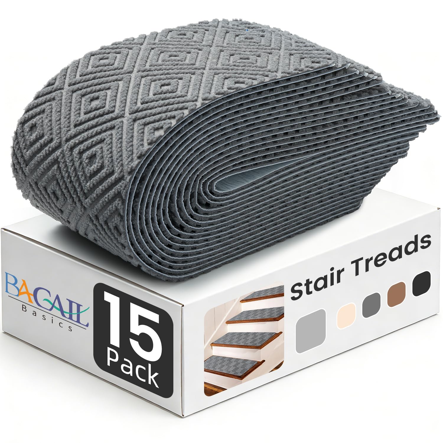 BAGAIL 15 Pack Non-Slip Stair Treads for Wooden Steps - 8"x30" Peel and Stick Carpet Stair Runners, Reusable Indoor Step Covers for Dogs, Kids & Elderly, No-Residue Adhesive, Light Gray