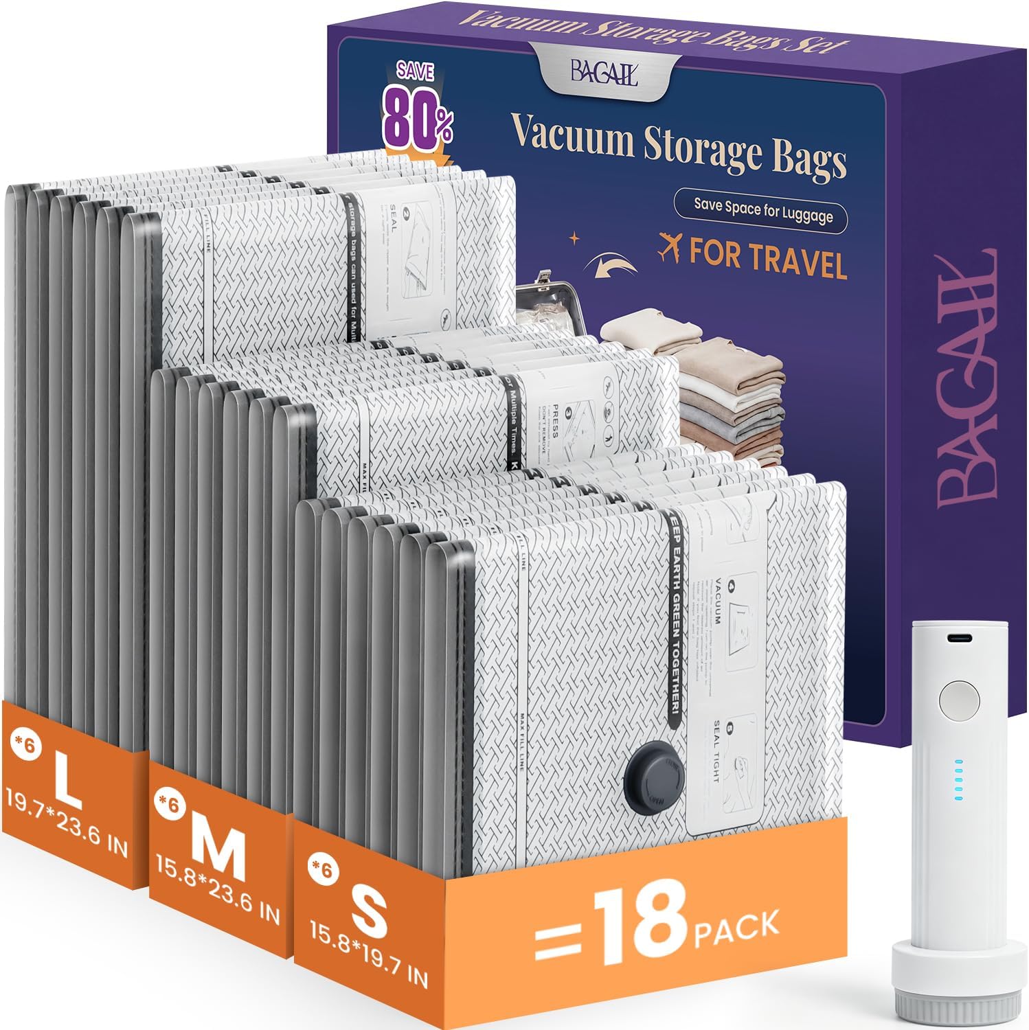 BAGAIL Vacuum Bags for Travel with Rechargeable Pump, Vacuum Storage Bags for Clothes -BAGAIL