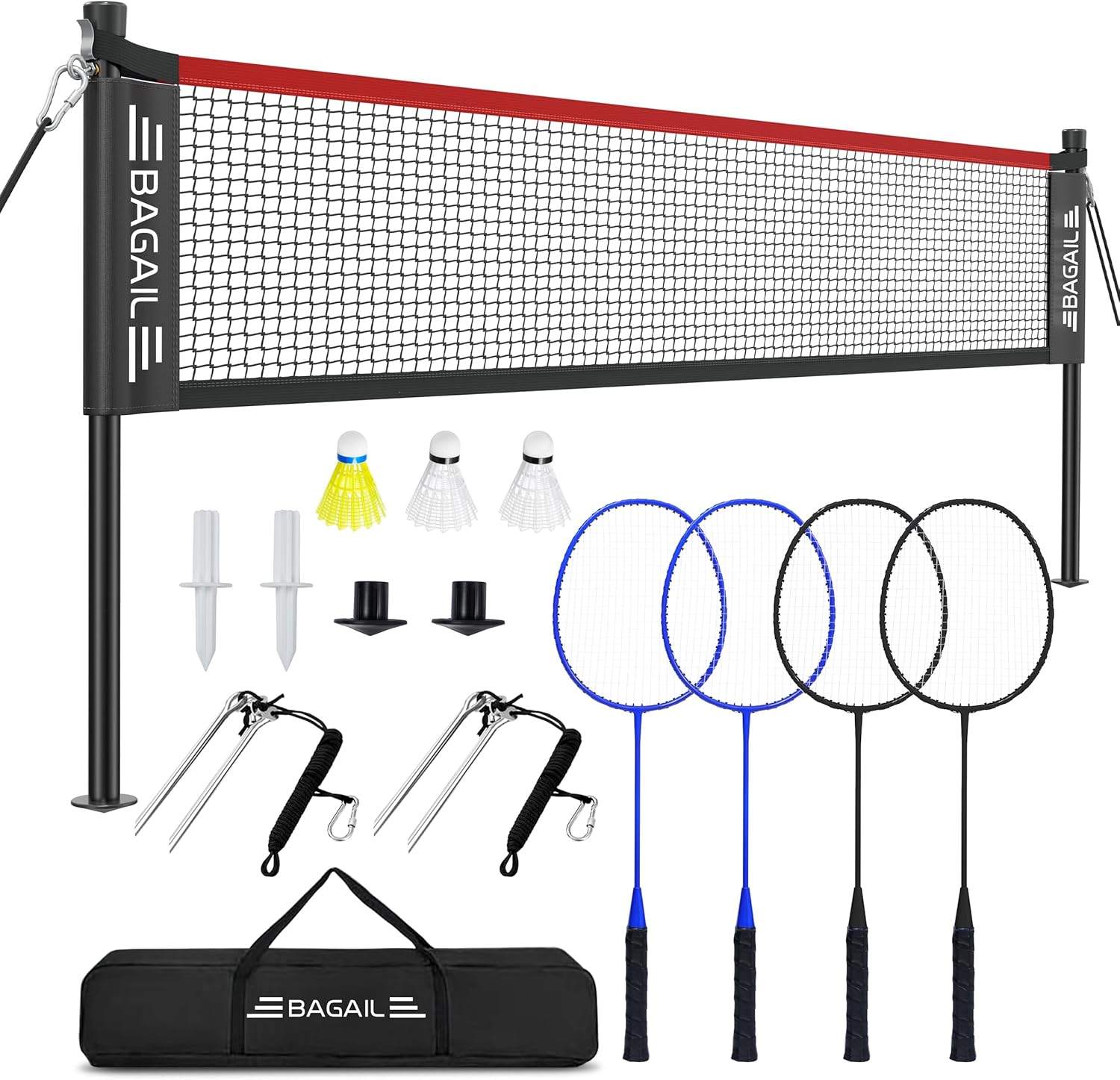 BAGAIL Outdoor Badminton Net Set with Anti-Sag Winch System - Official Size 20ft x 5ft, 4 Rackets, 3 Shuttlecocks, Durable PE Net & Carry Bag for Backyard, Beach, Family Games