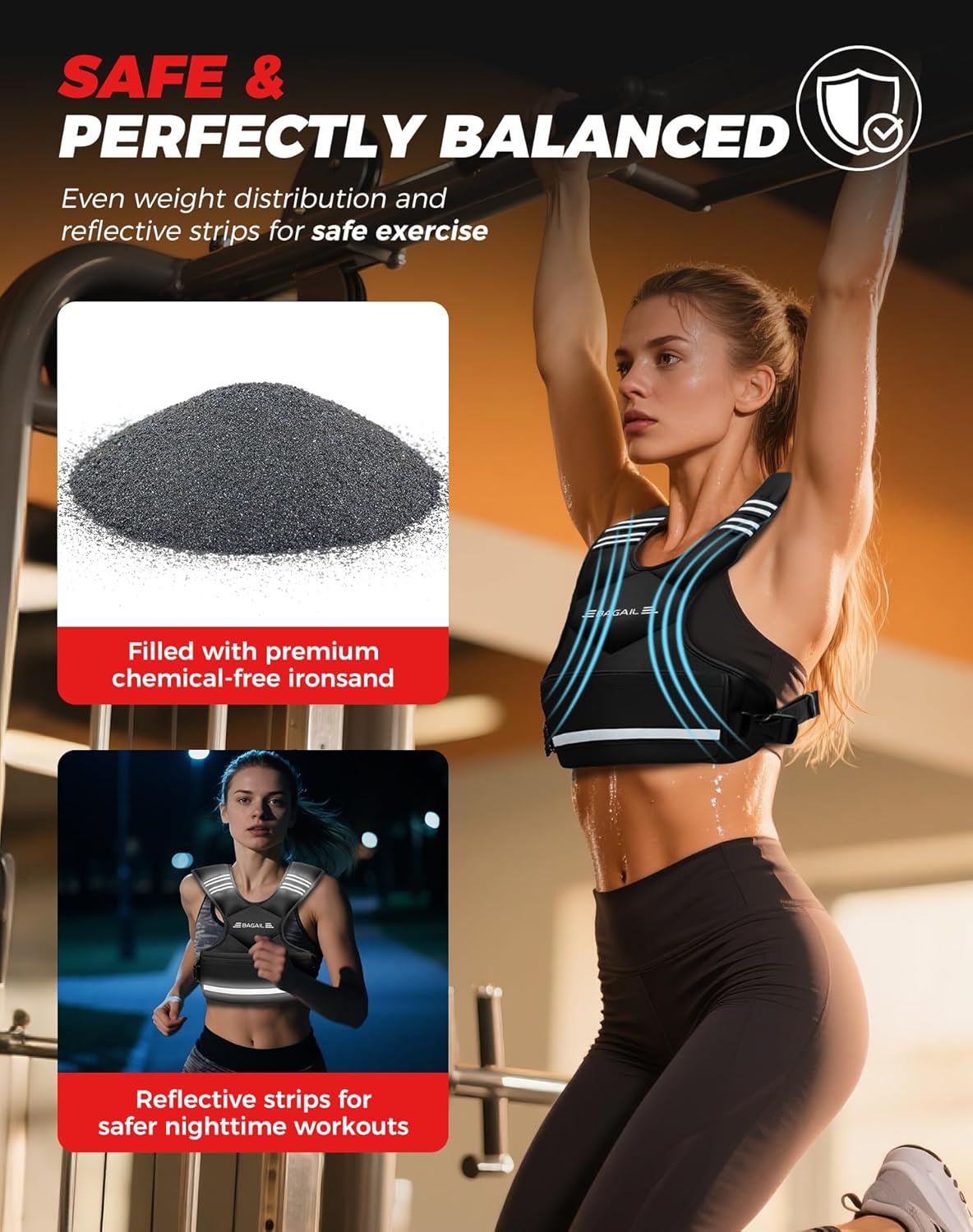 BAGAIL Adjustable Weighted Vest 4-10lb/12-18lb/20-32lb, Comfortable X-Shape & U-Neck Weight Vest for Women and Men Walking with 6 Removable Weights, Large Pocket and Reflective Strips