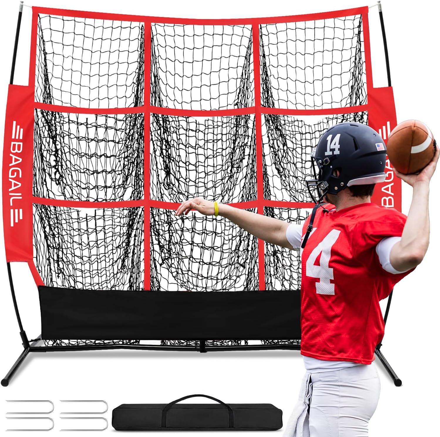BAGAIL Football Throwing Net - 5 or 9 Target Pockets, Easy Setup, Heavy-Duty - Portable QB Accuracy Trainer, Fun Target Practice Net for Football with Carry Bag