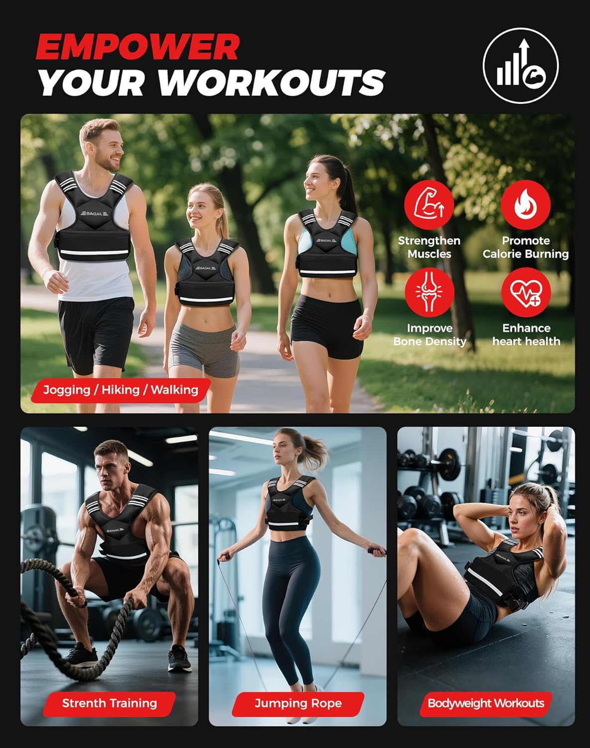 BAGAIL Adjustable Weighted Vest 4-10lb/12-18lb/20-32lb, Comfortable X-Shape & U-Neck Weight Vest for Women and Men Walking with 6 Removable Weights, Large Pocket and Reflective Strips