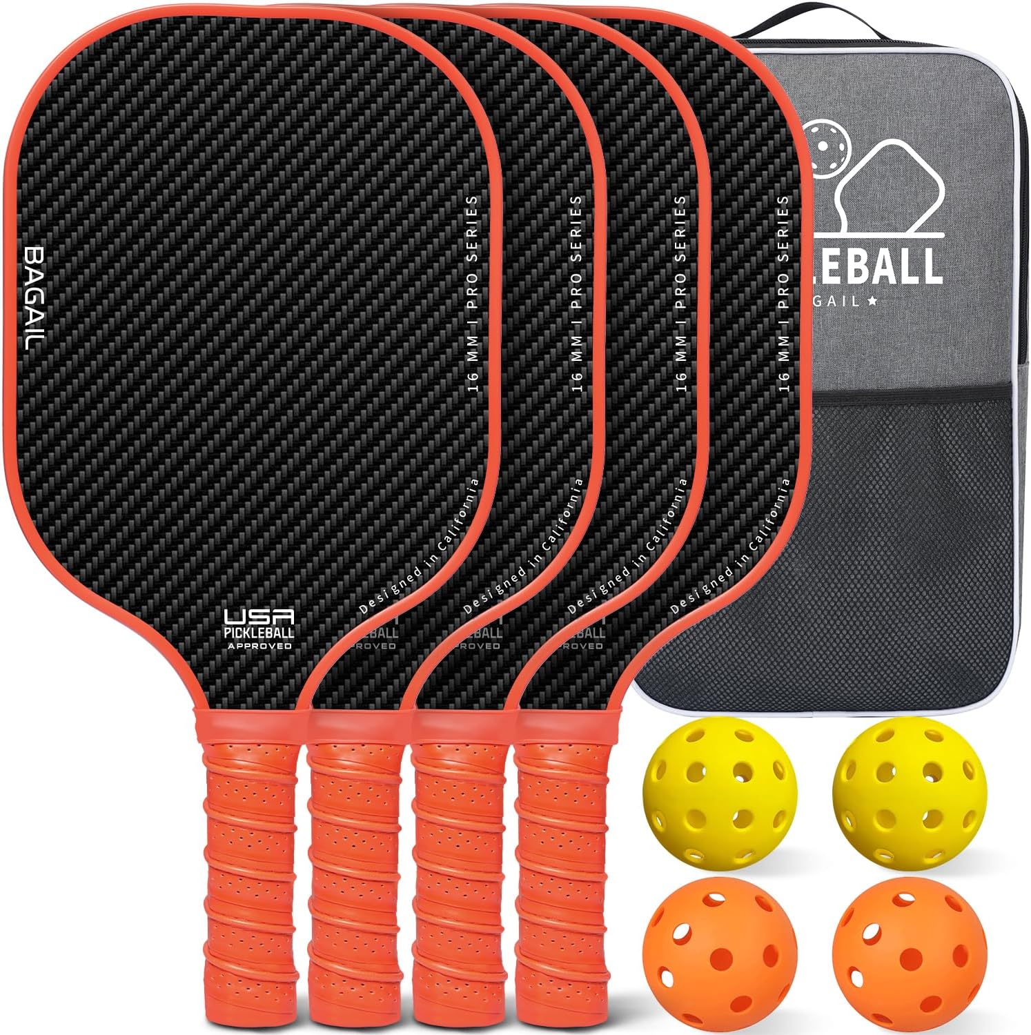 BAGAIL Pickleball Paddles, USAPA Approved Fiberglass Surface Pickleball Set, Lightweight Pickle Ball Rackets with 4 Balls, 1 Bag, Designed in California for Traction and Stability