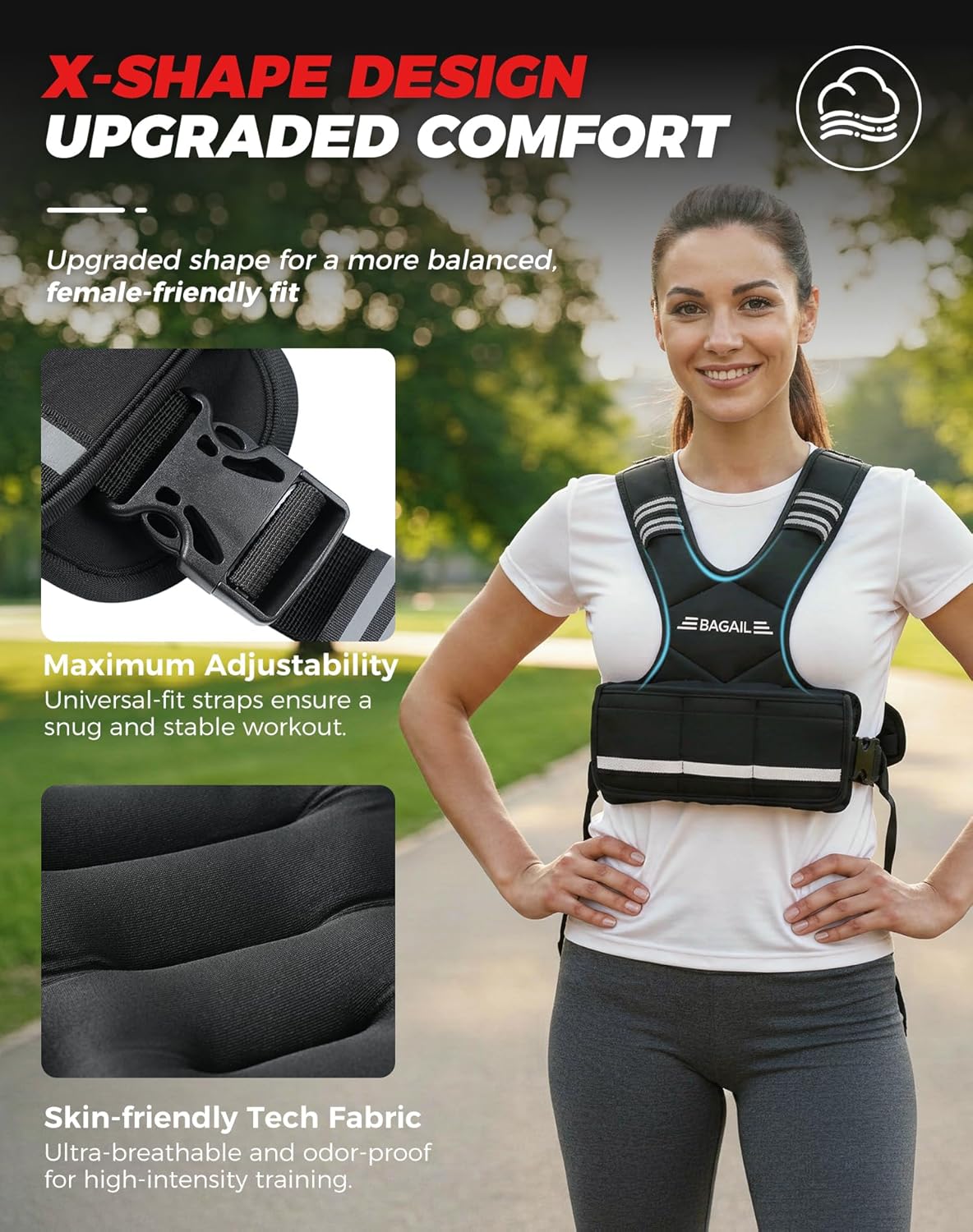 BAGAIL Adjustable Weighted Vest 4-10lb/12-18lb/20-32lb, Comfortable X-Shape & U-Neck Weight Vest for Women and Men Walking with 6 Removable Weights, Large Pocket and Reflective Strips