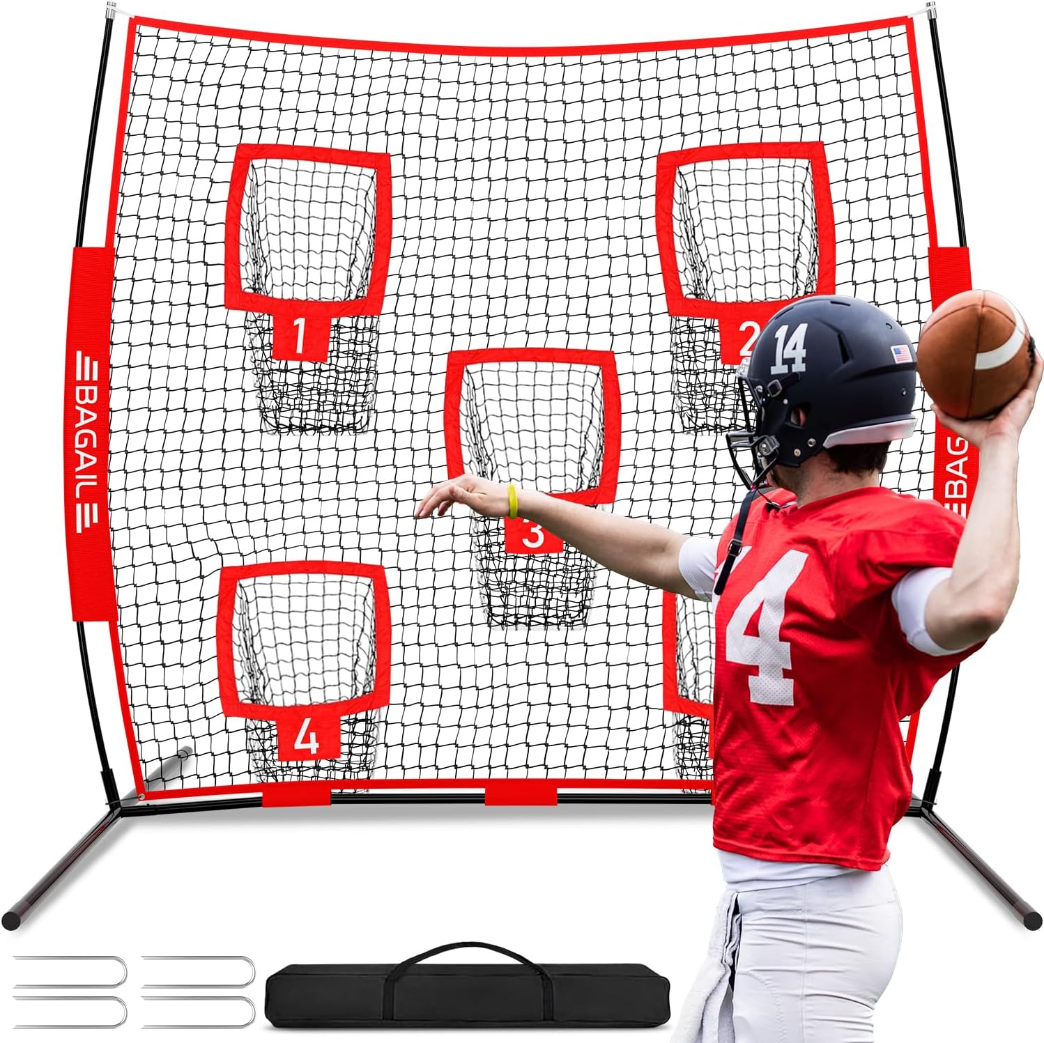 BAGAIL Football Throwing Net - 5 or 9 Target Pockets, Easy Setup, Heavy-Duty - Portable QB Accuracy Trainer, Fun Target Practice Net for Football with Carry Bag