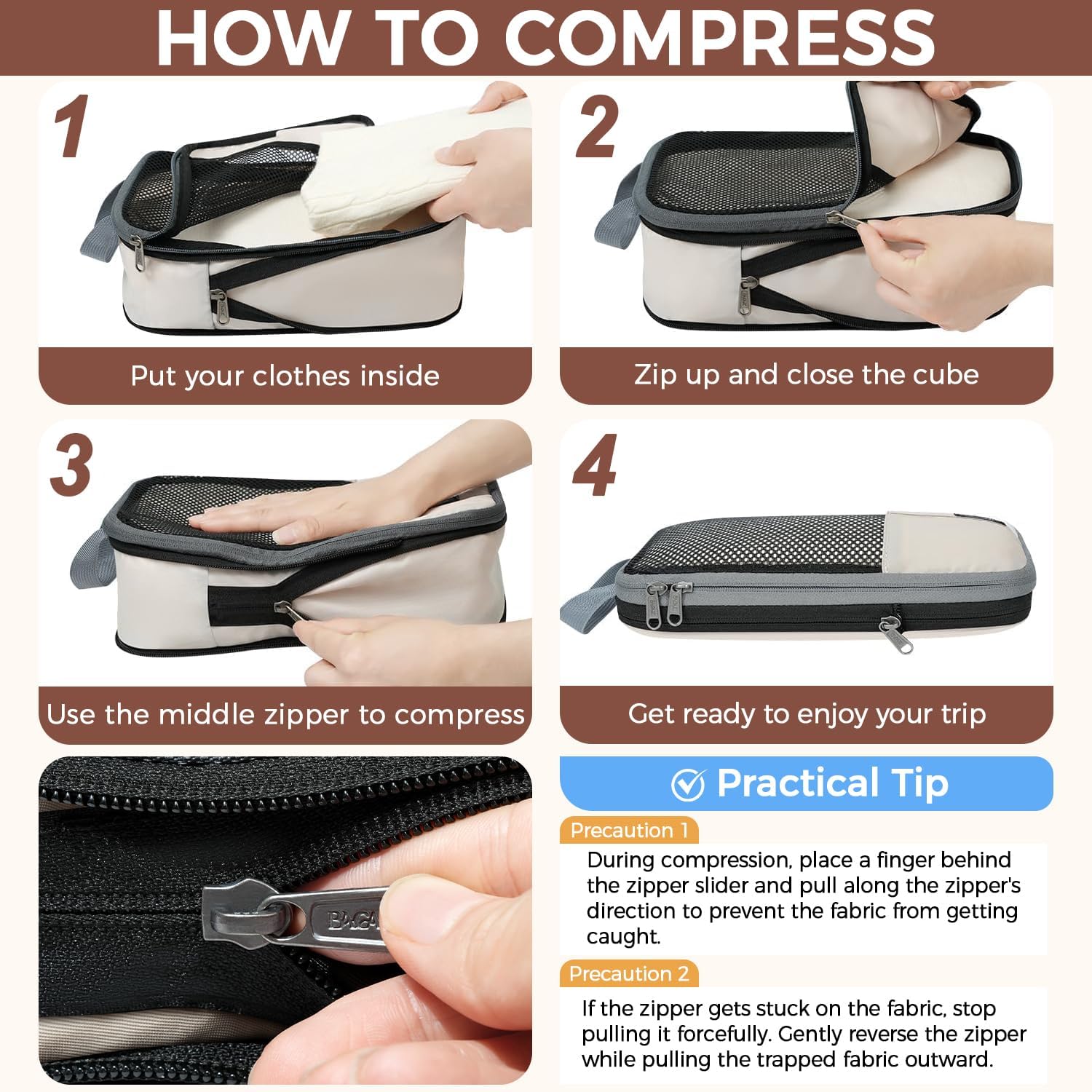 BAGAIL 6 Set Lightweight Compression Packing Cubes with Packing List, Anti-Tearing Expandable Organizer Bags for Travel