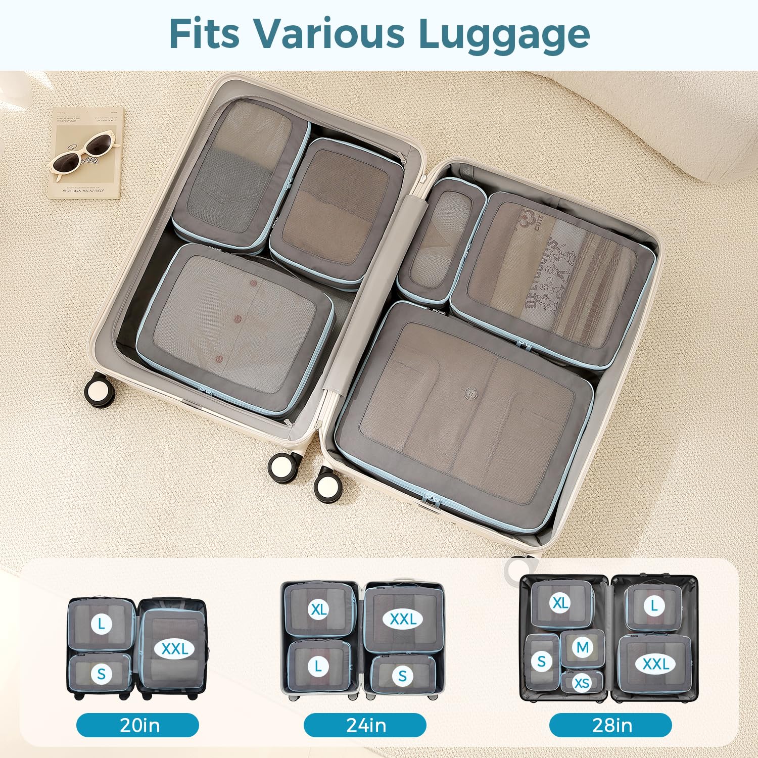 BAGAIL Durable Compression Packing Cubes for Travel,6 Set-Light Pink