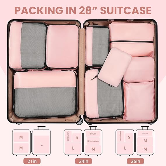 Half Mesh 8 Set Packing Cubes Luggage Packing Organizers for Travel Accessories